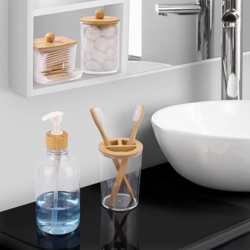 Miniatura 4 de Juego de accesorios de baño de bambú, 4 piezas, soporte para cepillos de dientes transparente, dispensador de jabón de plástico y 2 soportes para