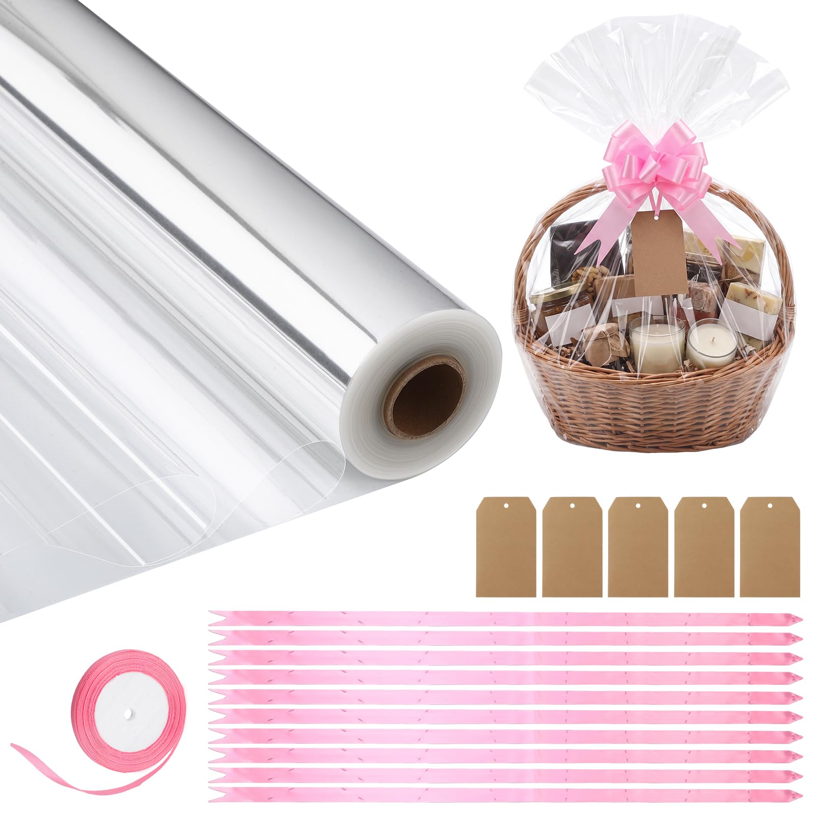 woric 45m x 80cm Cellophane Wrap Set for Hampers, Cellophane Roll with Ribbon, Tag & Pull Bows, Clear Wrapping Paper Roll for Birthday Wedding Baby Shower Bouquet Gift Basket (Width Folded in Half)
