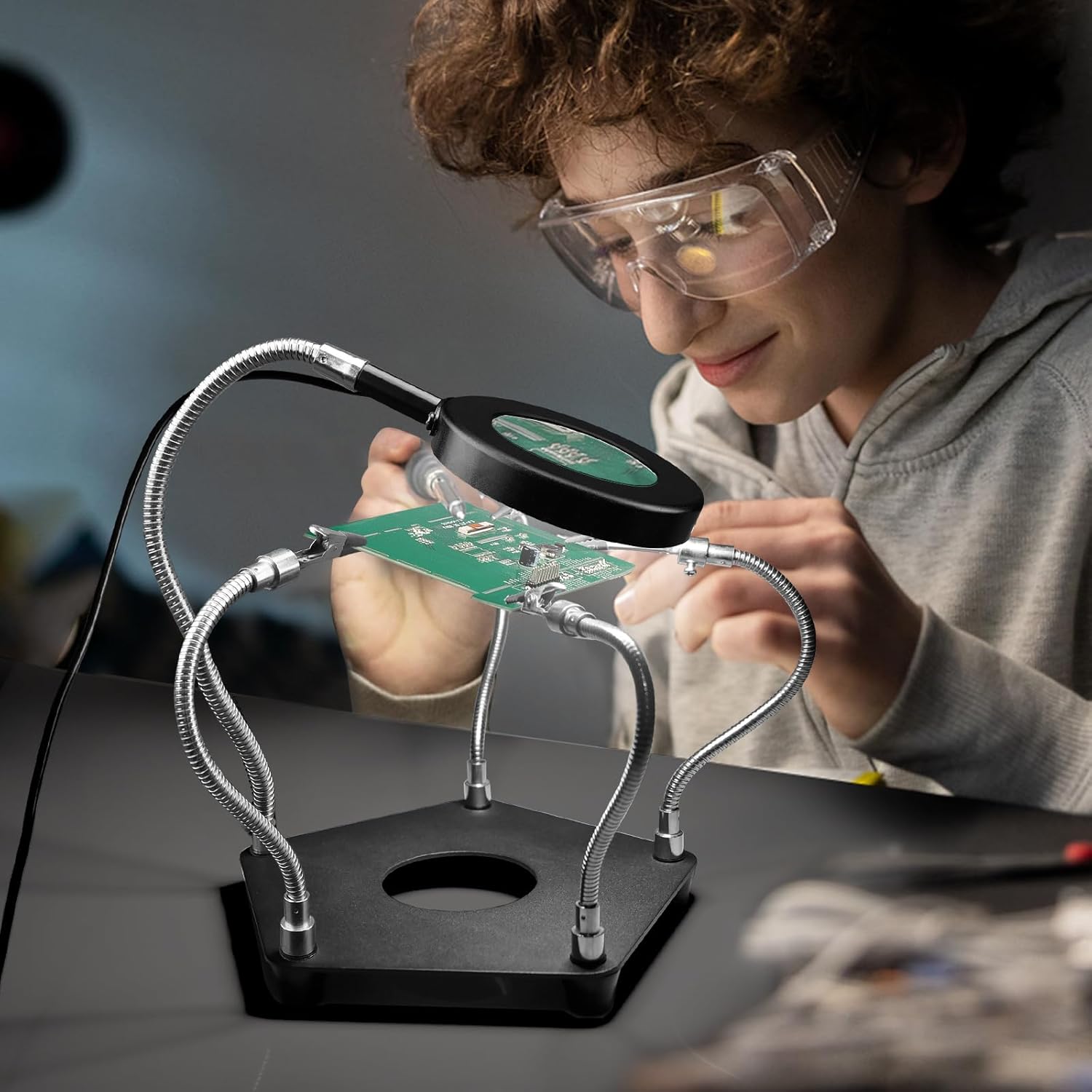 Lytool Helping Hands Soldering Station with 3X Magnifying Glass Dimmable LED, Flexible Helping Hands Soldering with 4 Flexible Arms for Welding Repair Hobby DIY