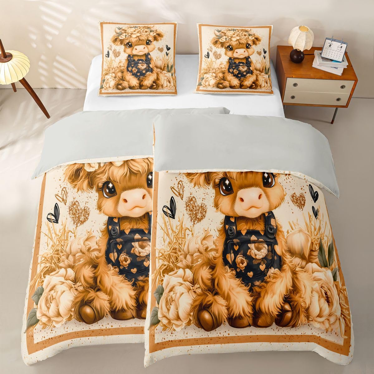 Homewish Cartoon Herbst Highland Rind Bettwäsche 135x200 Set 4teilig