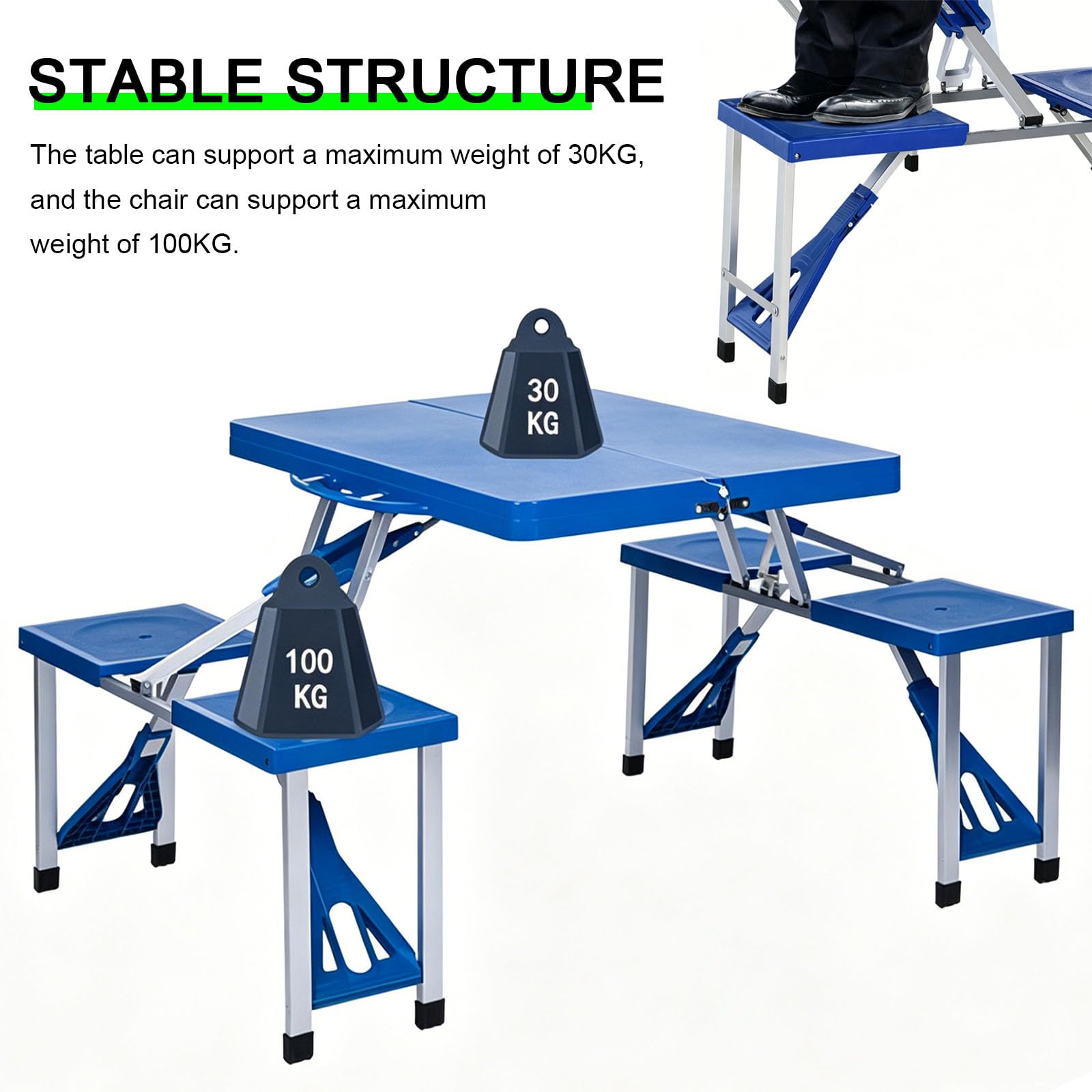 Ensemble Table et Chaises Pliantes Camping, Set de Table de Pique-Nique avec Chaises Intégrées, Pliable en Valise, avec Trou pour Parasol, pour Extérieur Jardin Plage,Bleu