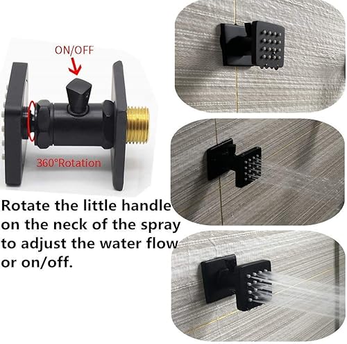 Miniatura 82 de Chorros de ducha cuadrados de oro cepillado con control de flujo y giratorio, chorros de masaje de agua ajustables de latón macizo, montaje en pared