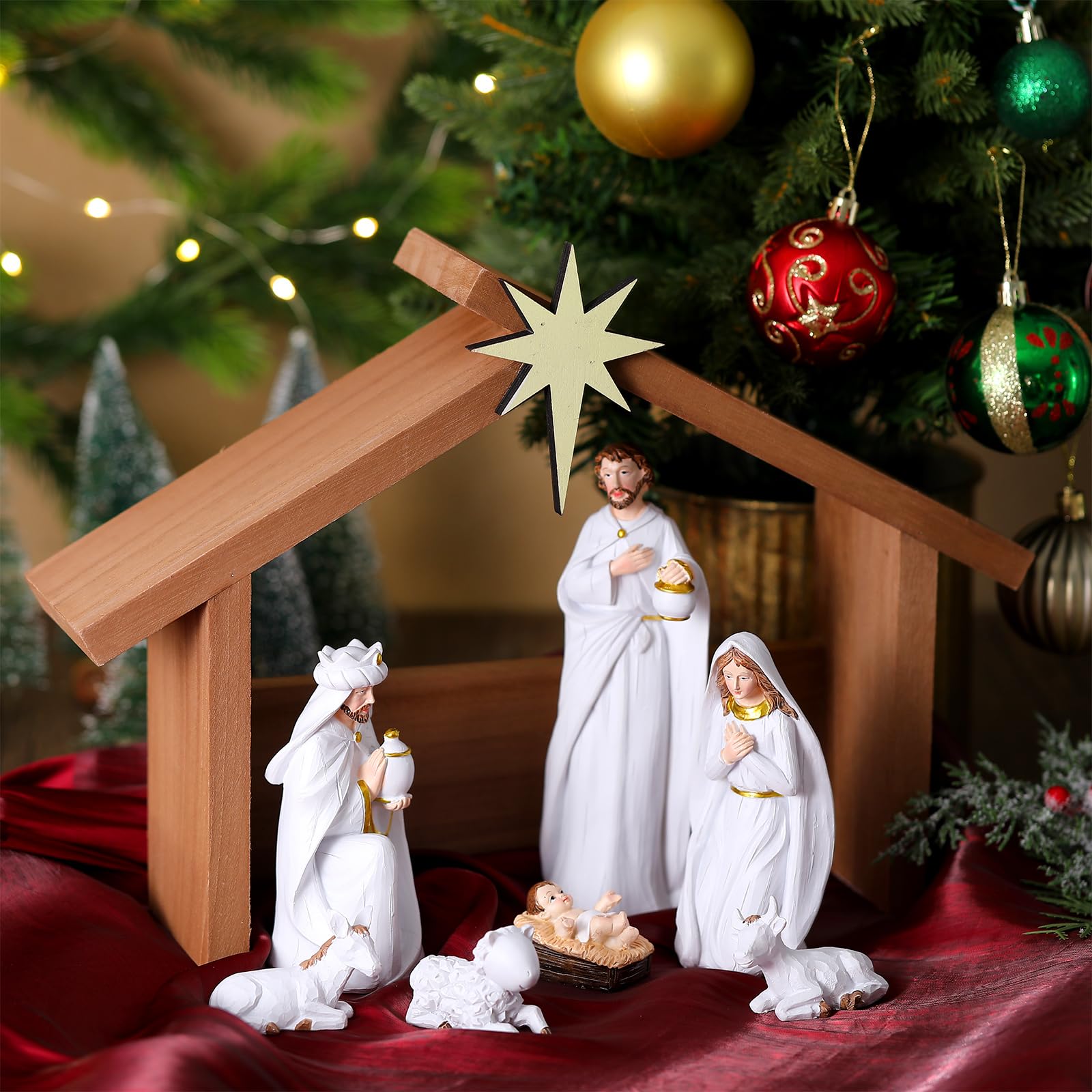 Wesiti Weihnachtskrippe aus Holz, Weihnachtskrippe mit Dachstern, 36,7 x 26,7 cm, für Innenmaßstab, 17,8 cm, Heilige Familie, Holz, stabile Krippe, Heimschreibtischdekoration (ohne Figuren)