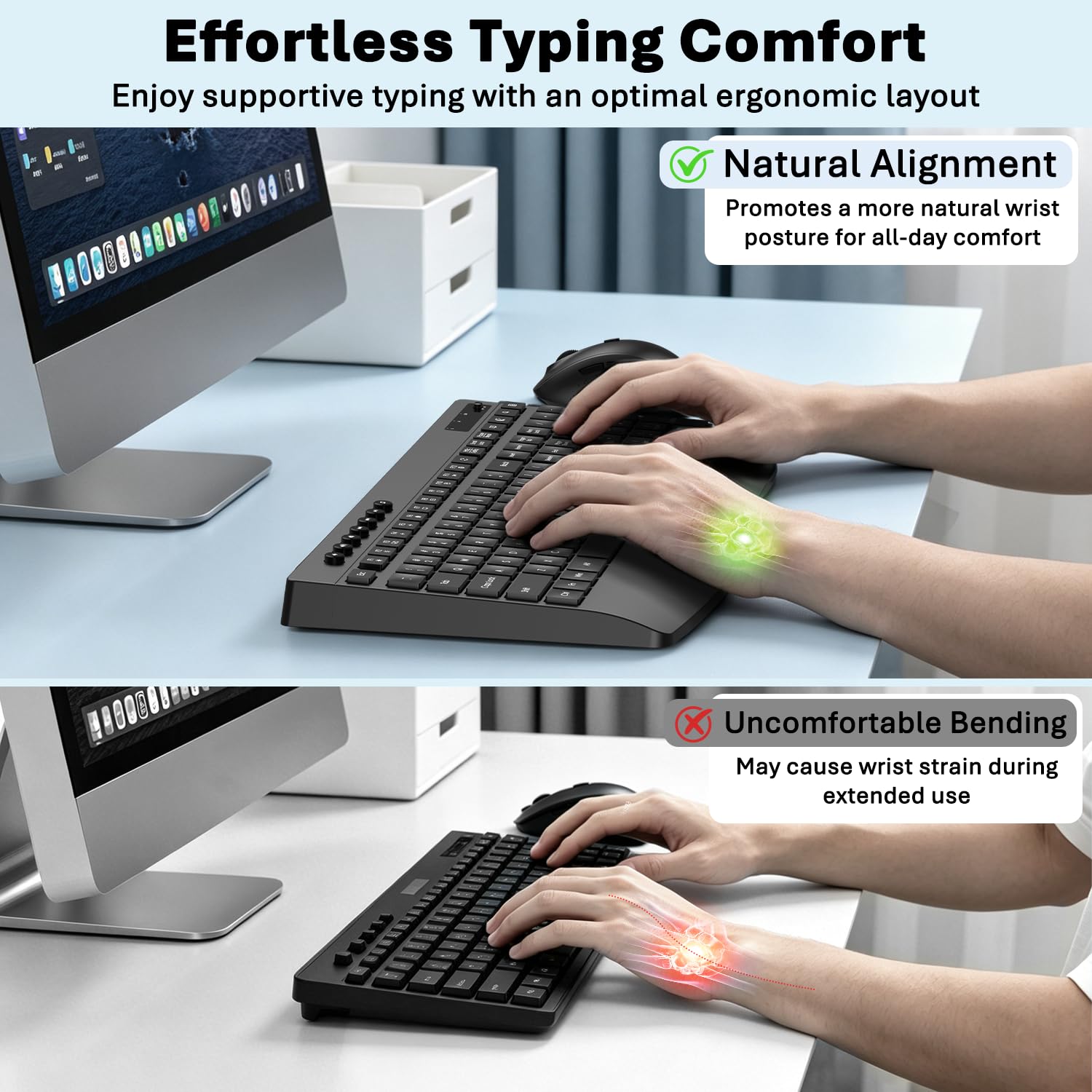 Tastiera wireless e mouse combinata, set di computer ergonomico di dimensioni standard con poggiapolsi, USB 2.4G senza lag, digitazione silenziosa, clic silenzioso, spegnimento automatico per PC, Mac