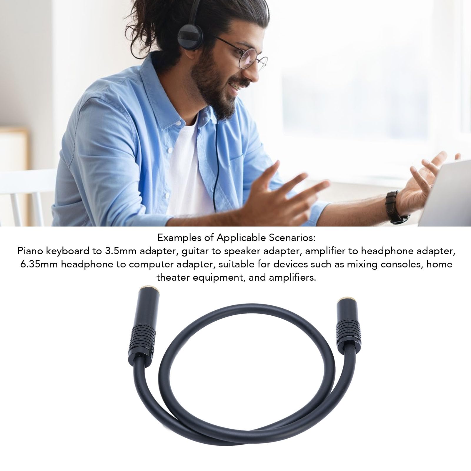 Adaptateur 3,5 mm vers 1/4, 6,35 mm femelle vers femelle, câble de 6,35 mm vers femelle 3,5 mm avec connecteurs plaqués or de qualité supérieure pour guitare, PC, tablette