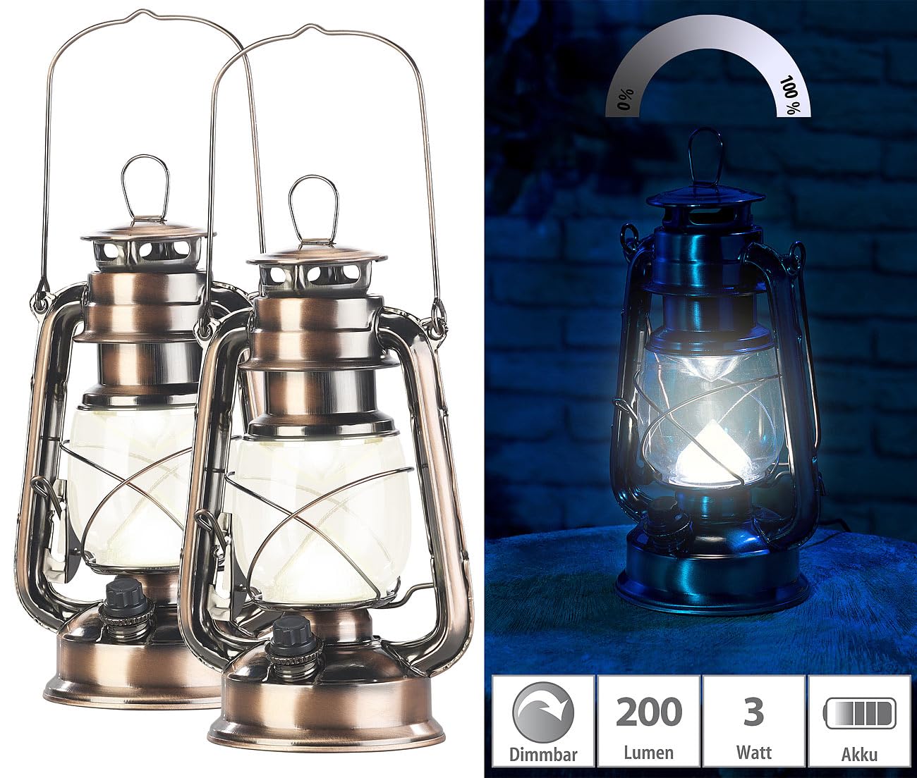 Lunartec Sturmlaterne Akku: 2er-Set helle LED-Sturmlampen mit Akku, 200 lm, 3W, warmweiß, Bronze (dimmbare LED-Sturmlampe mit, helle Lampen wiederaufladbar, Zelt)
