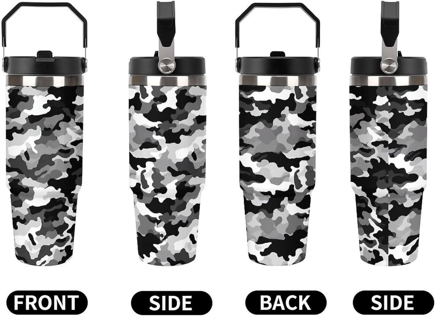 Black Grey White Camo Water Bottle 30 Oz Fits Car Cup Holder,Insulated Coffee Mug Large Capacity Car Cups,Stainless Steel Double Wall Sport Bottle for Travel Sports Gym