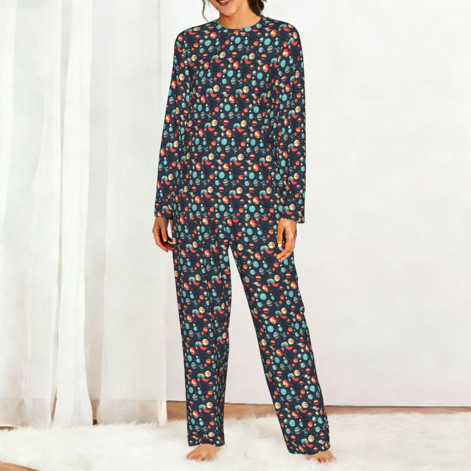 Outer Space Planet Stampa Donne Manica Lunga Pigiama Abbinamento Quotidiano Confortevole Loungewear Abiti Da Notte