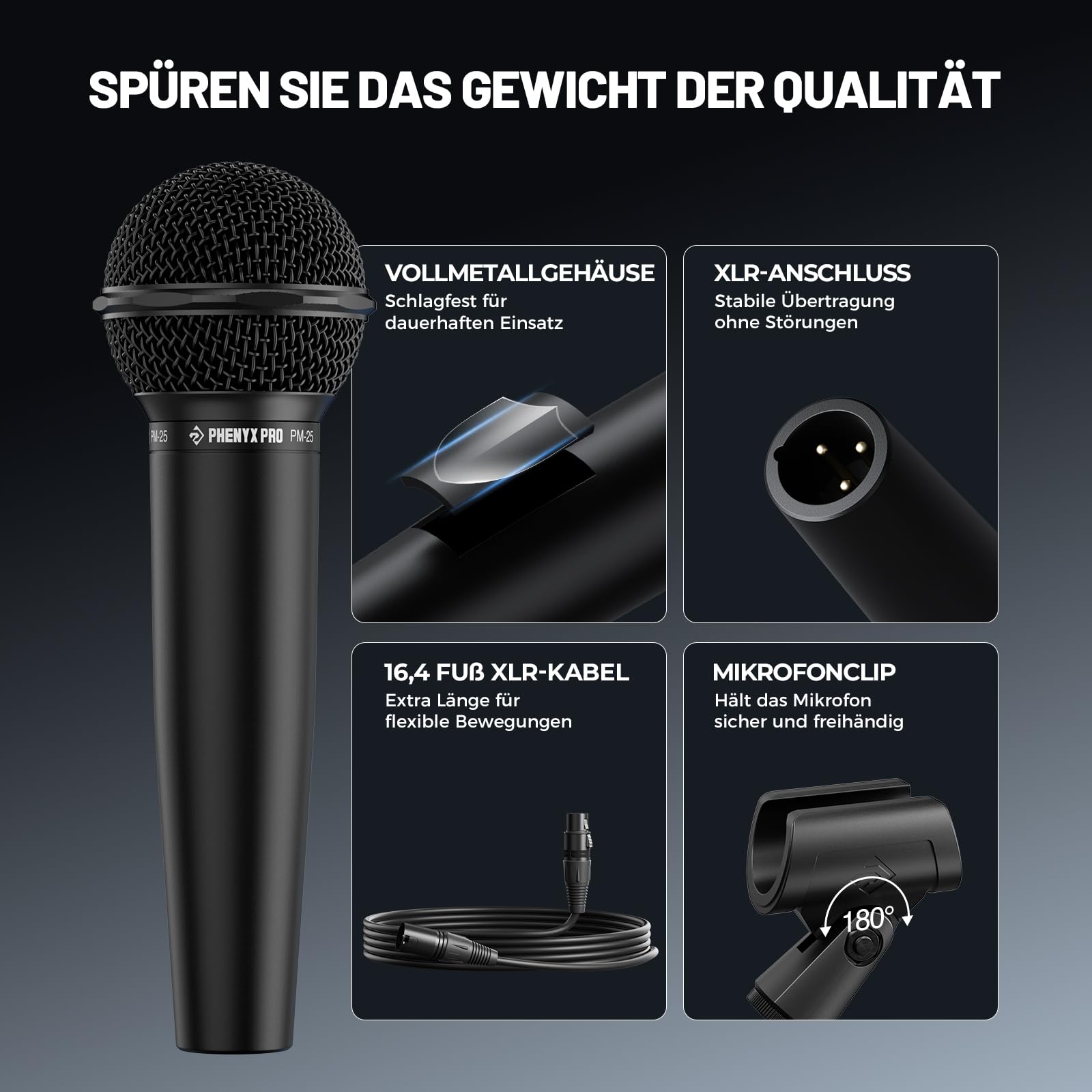 Phenyx Pro Dynamisches Gesangsmikrofon XLR PM-25 | Kabelmikrofon, Nierencharakteristik, 5 m XLR-Kabel, Mikrofonhalter, Transporttasche, Gesang, Bühne, Studio, Karaoke