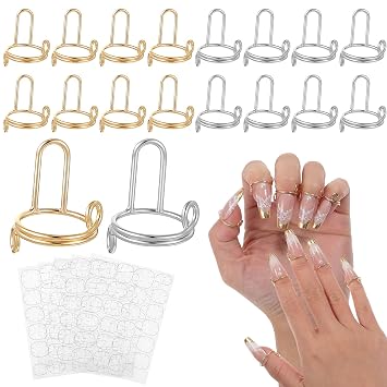 20 Pcs Nail Rings Set With 120 Adhesive Tabs - Nail Ring No Glue - Gold And Silver Metal Fingernail Rings For Press On Nails And Nails Art Decoration