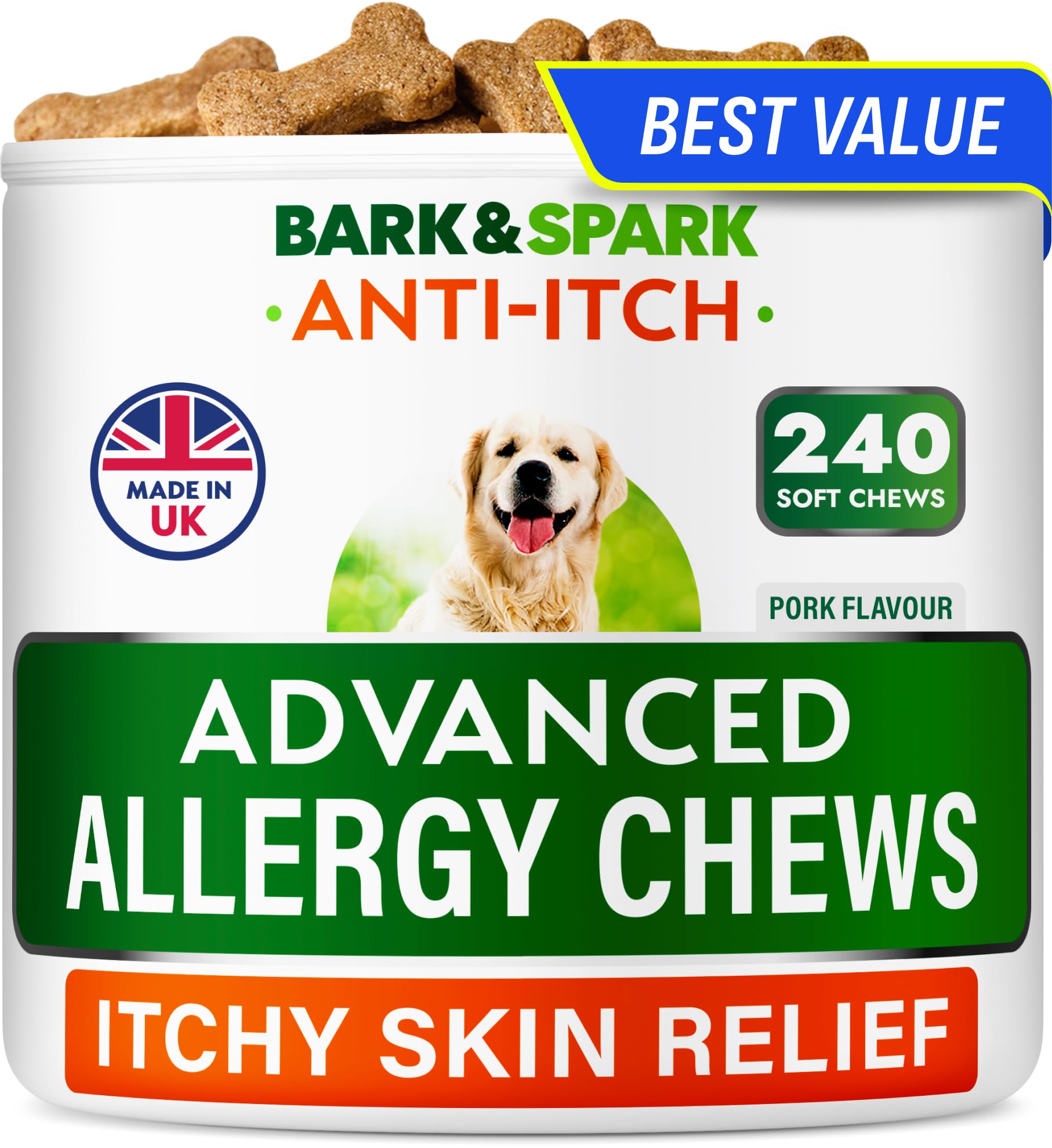 BARK&SPARK Dog Itch & Allergy Support Chews - Skin & Coat Supplement - Omega 3 Fish Oil -Itching & Paw Licking - Dry Skin & Hot Spots - 240сt Pork