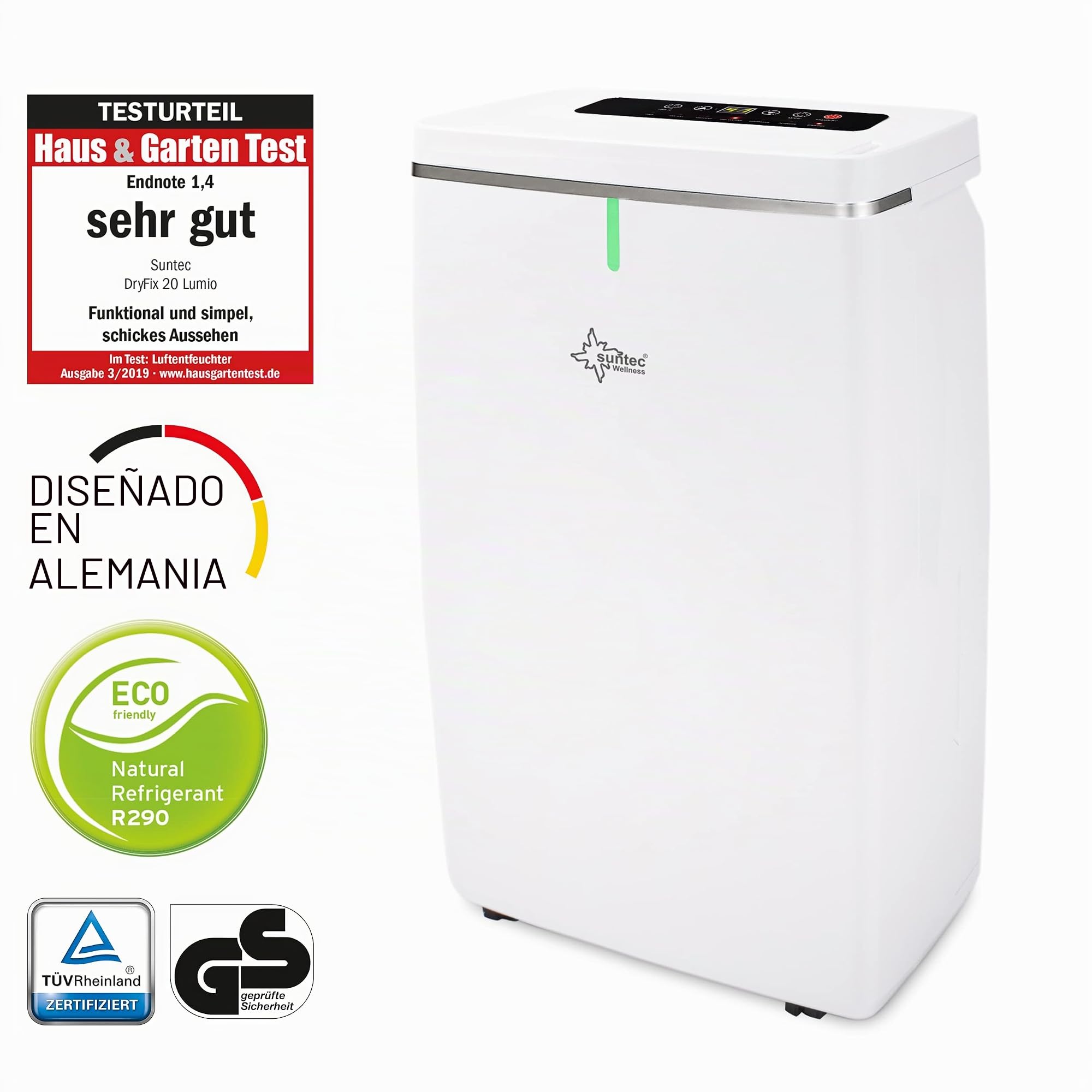 Deshumidificador de aire SUNTEC DryFix Lumio | Para espacios de hasta 63 m2 o 150 m3 | Deshumidificador 20 l/día | Deshumidificador – purificador de aire – secador de ropa 3 en 1 | Móvil y eléctrico