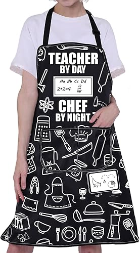 Miniatura 5 de Delantal para profesores con bolsillos, regalo para profesores culinarios de día, chef de noche, impermeable, ajustable, delantal de chef