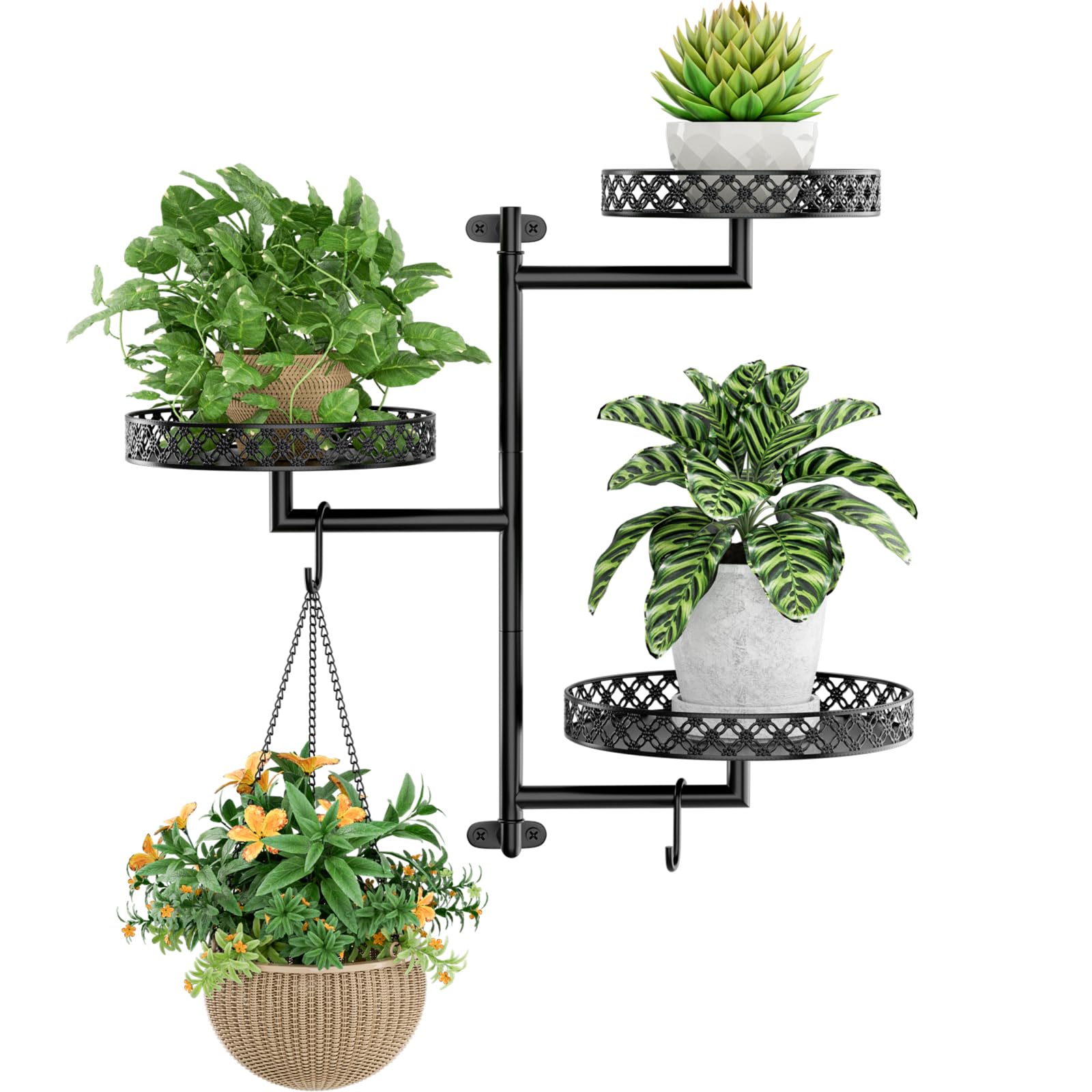 OVICAR Étagère murale rotative pour plantes – Support mural d'intérieur à 3 niveaux en métal pour plusieurs plantes avec crochets de suspension, décoration d'intérieur, noir