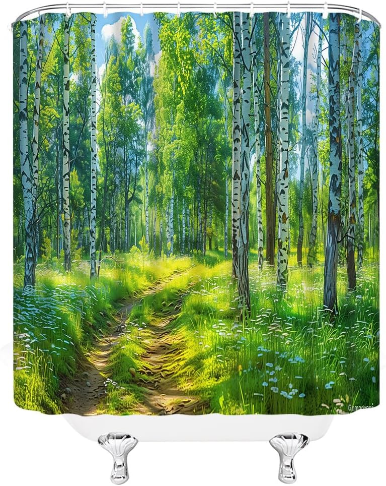 Green Forest Shower Curtain Nature Birch Tree Floral Plant Scenery Landscape Rustic Extra Long Bathroom Decor Curtain with Hooks,70W x78 H
