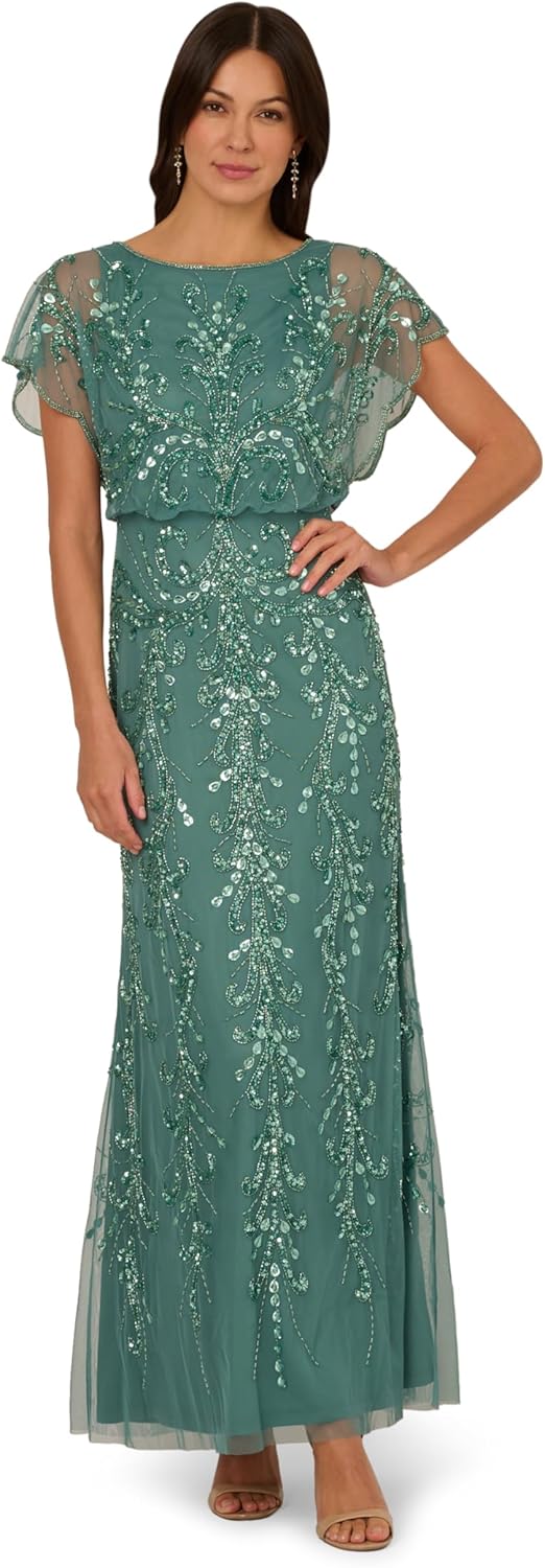 Adrianna Papell Womens Beaded Blouson Long Dress