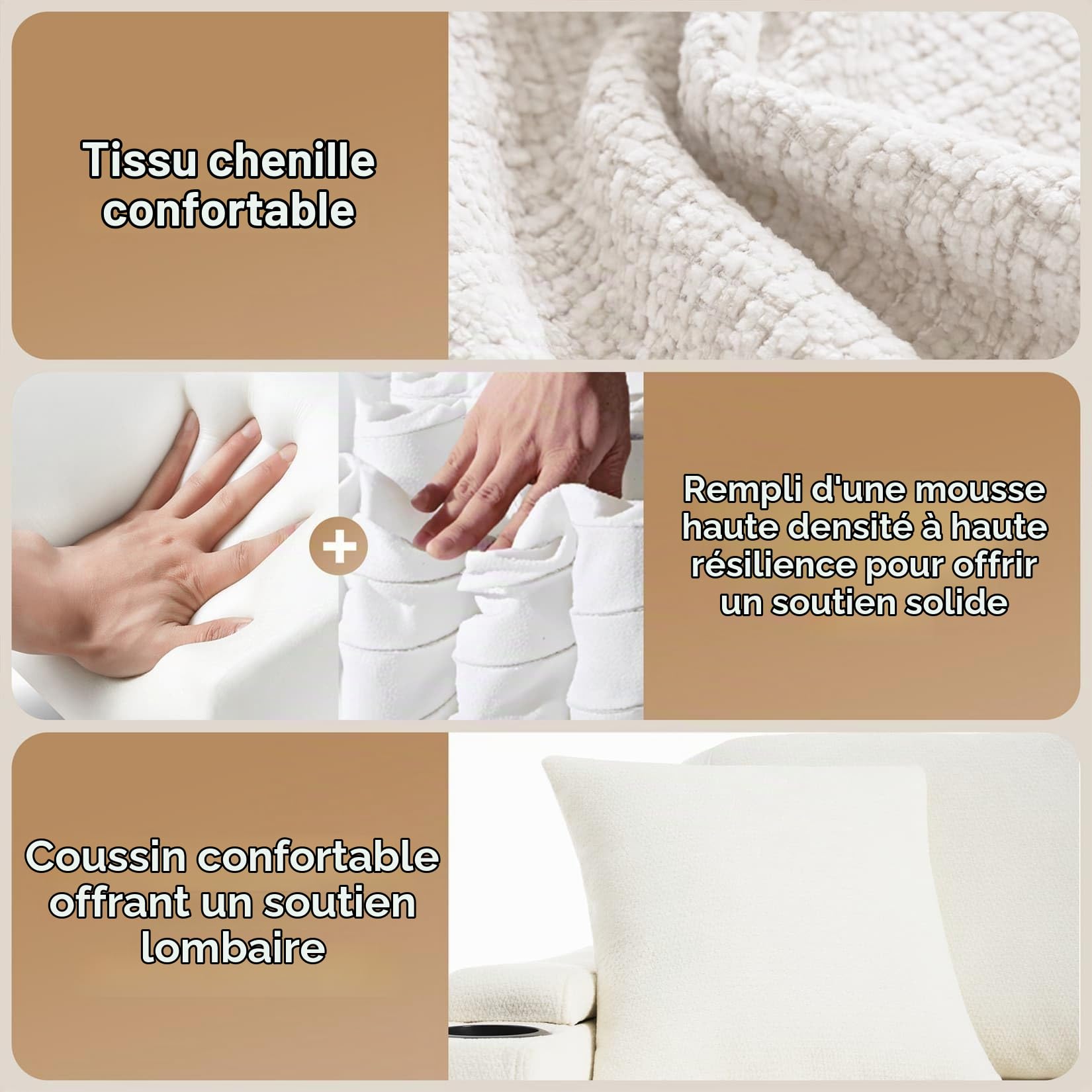 PUGSDRLY Canape Dangle Convertible 4 Places,Canapé Lit avec Port USB,Plateau D'accoudoir,4 Coussins,Porte-gobelet,Chenille,pour Salon Bureau Appartement (D-Beige)