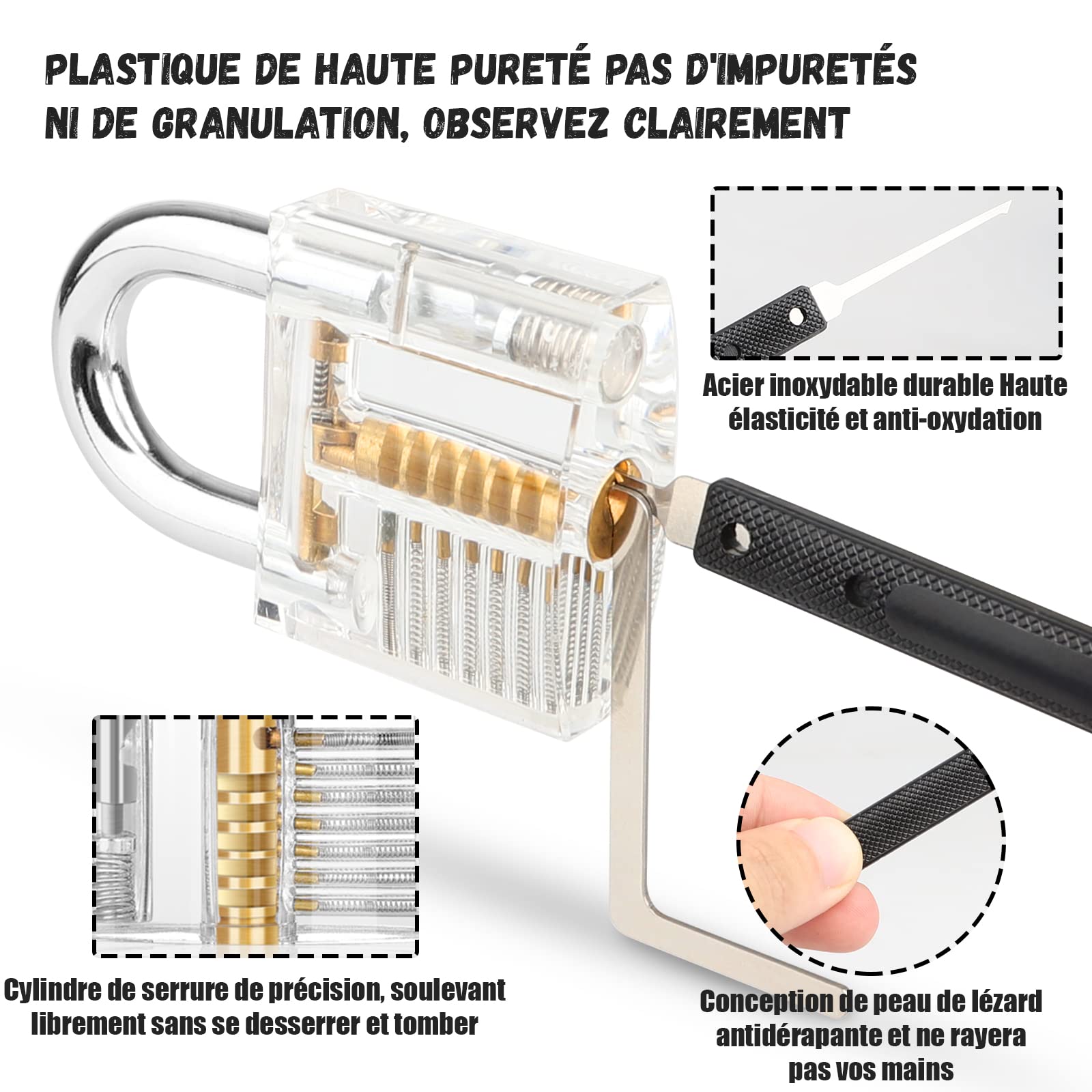 Diyife Kit de Crochetage Bleu Serrure 37 Pièces - 4 Serrure Transparente, Lock Picking Kit Outils de D’entraînement, Lockpicking Poignée en Silicone Confortable - Noir