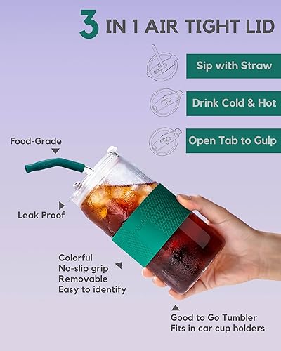 Miniatura 4 de ColoVie Vasos de vidrio para beber con tapas y pajitas de vidrio, juego de 6 piezas, vaso de vidrio de viaje de 16 onzas con funda protectora de