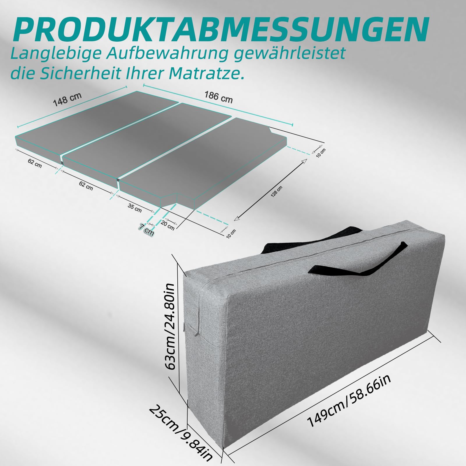 Aufbewahrungstasche für Faltmatratze, Passend für VW T5 T6 T6.1 Multivan California Beach Caravelle, Transporttasche für Campingmatratze, Grau, 149 x 63 x 25 cm