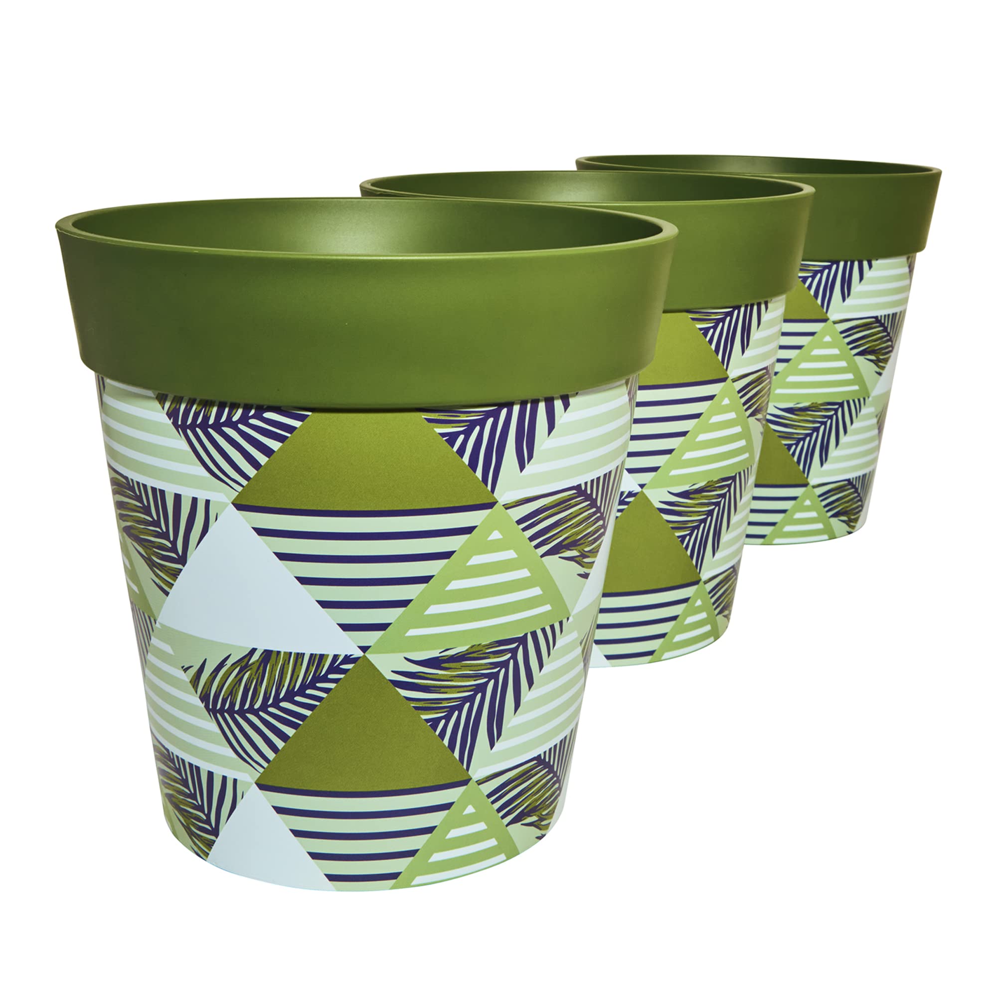 Hum Flowerpots, 22cm Set of 3, Various Patterns Colours and Sizes, Indoor/Outdoor Plastic Plant Pots, Green Geometric