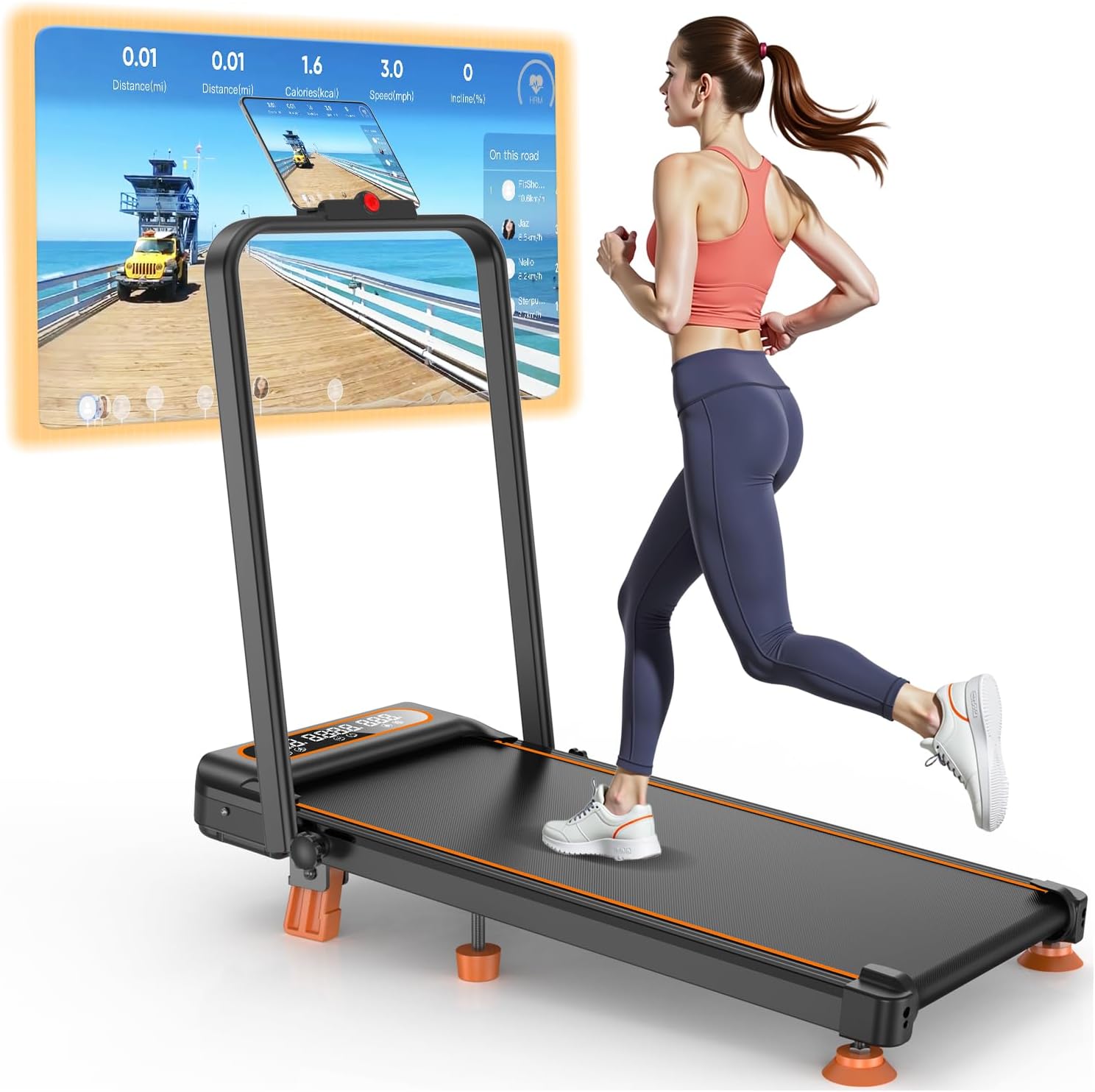 Incline Walking Pad with Handle Bar, Small Treadmill, Portable Walking Pad 300+ LB Capacity for Home Office, Foldable Walking Treadmill with Remote, Smart App