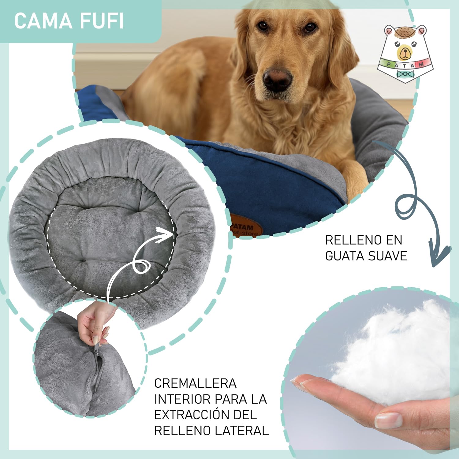 PATAM Cama para Perros y Gatos – Cama Redonda con Bordes Acolchados – Universal para Todas Las Estaciones – Antideslizante, con Funda Lavable a máquina – Fufi Azul, Extra-Large 81 cm