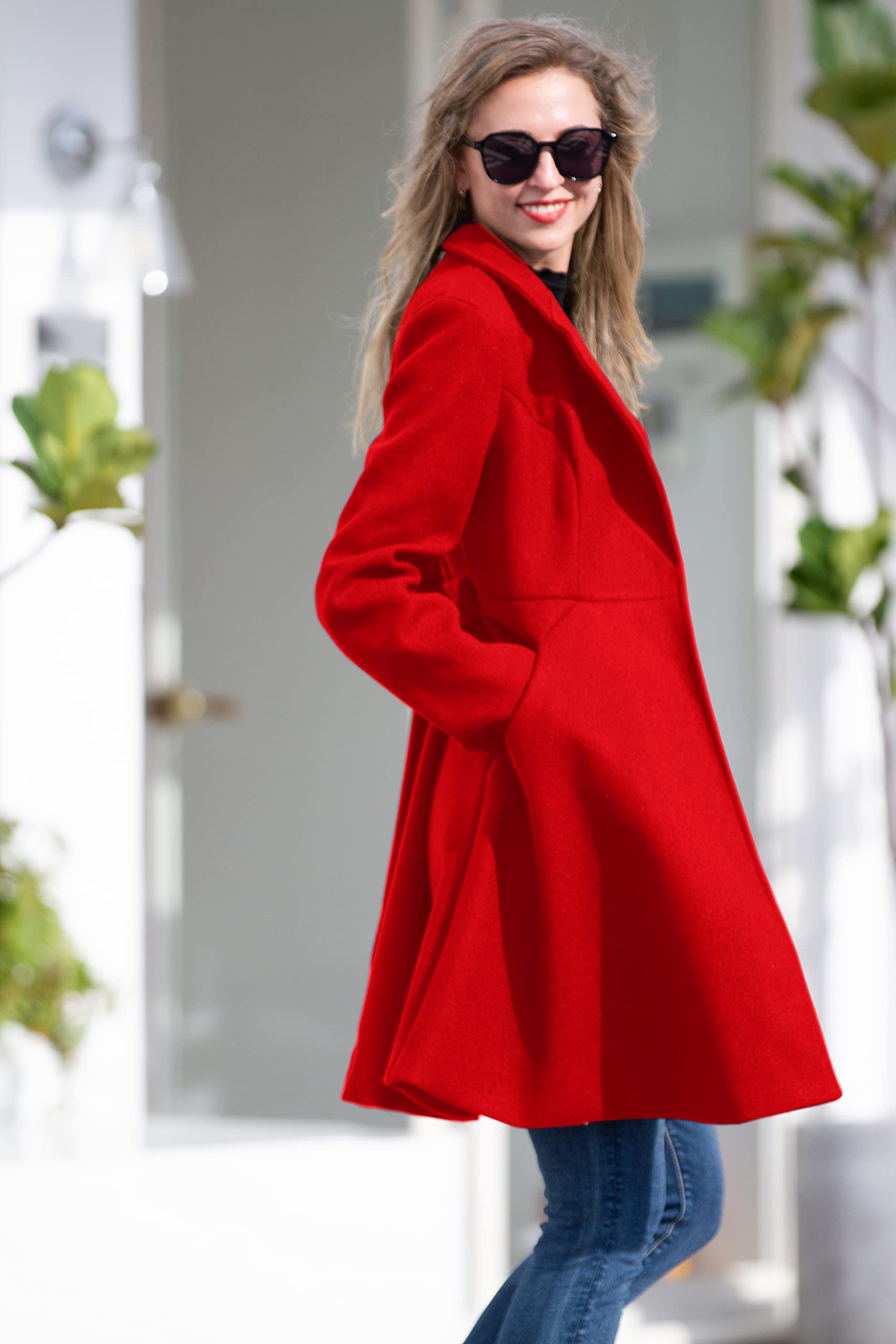 Kate Kasin Abrigo de mujer con cinturón de mezcla de lana para mujer, Rojo, Large