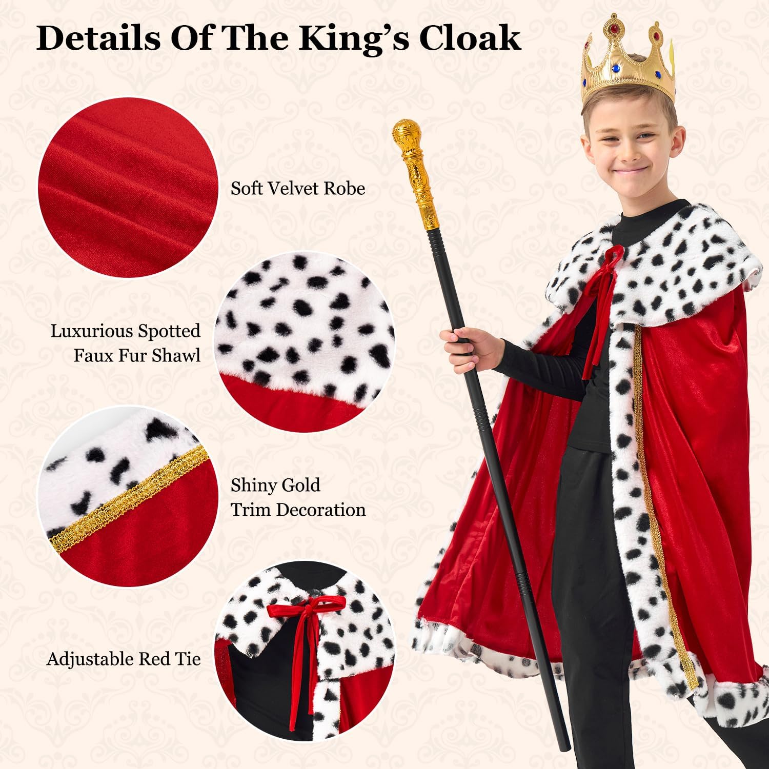 King Costume For Boys Red Royal King’s Cloak with Crown And Scepter Set Luxurious Velvet Cape with Faux Fur Trim