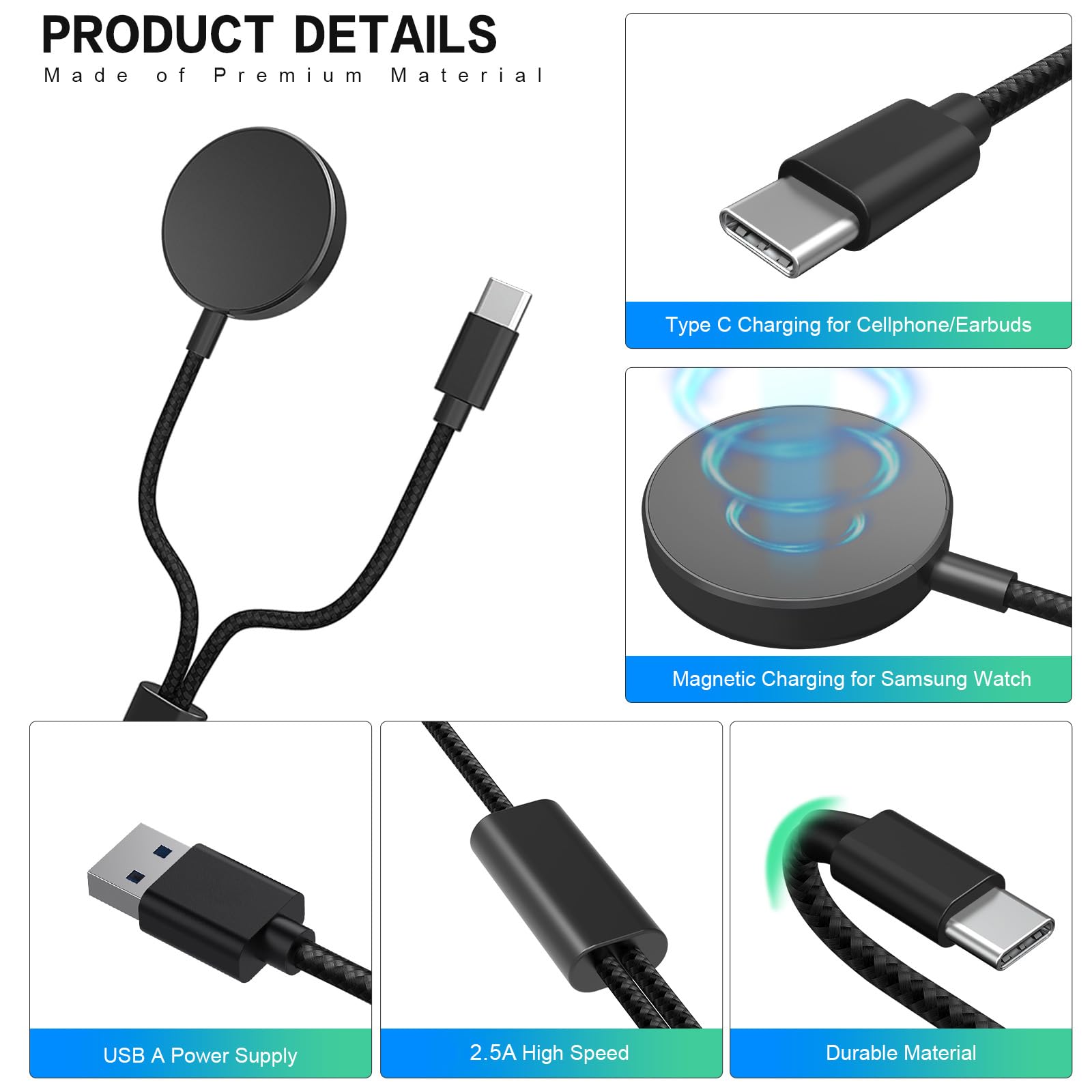 Caricabatterie magnetico 2 in 1 USB-C Galaxy Watch per Samsung Galaxy Watch 7/6/5/4/3/Classic, Pro 5/4, Active Watch 2/1, Galaxy Buds/Live/+, cavo di ricarica rapida da 1,5 m per Galaxy S22/21/20/10