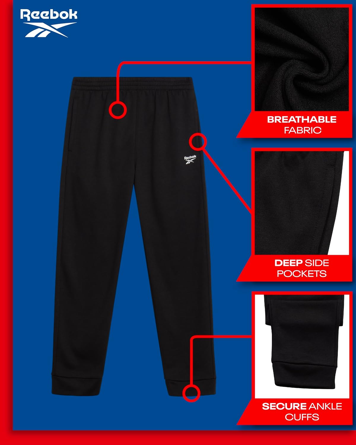 Reebok Boys Sweatpants - Soft Performance Fleece Boys Joggers Athletic Pants with Elastic Waist & Pockets (Sizes Run Small) - Image 2
