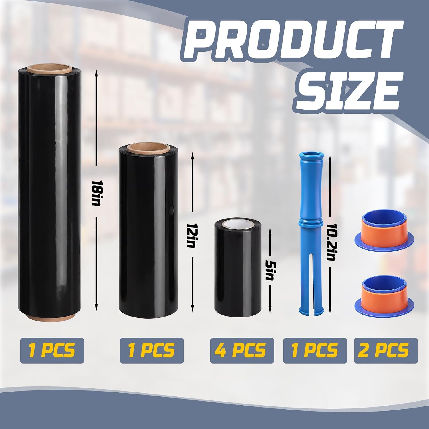 Pangda 6 Rolls Black Stretch Wrap Film Set, 18" x 1000 Ft, 12" x 1000Ft, 5" x 400Ft, 80 Gauge, with Handles, Pallet Wrap, Durable Self-Adhering, Heavy Duty Plastic Shrink Film for Moving Packaging