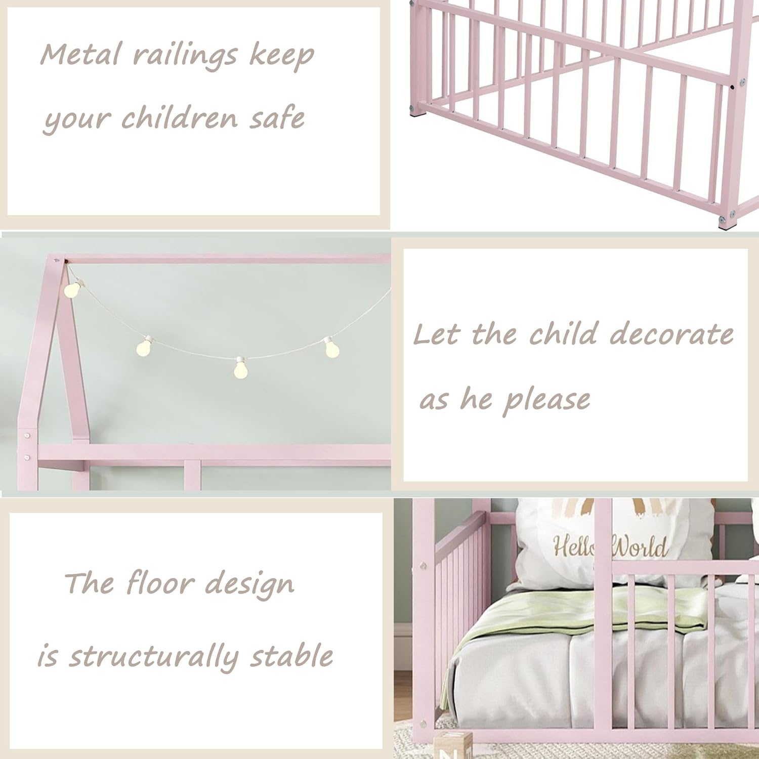 Bellemave Twin Floor Bed Frame, Metal Montessori Floor Bed Twin with Fence for Boys Girls Bedroom Playhouse for Kids No Slat, Easy Assembly House Shaped Floor Beds Pink