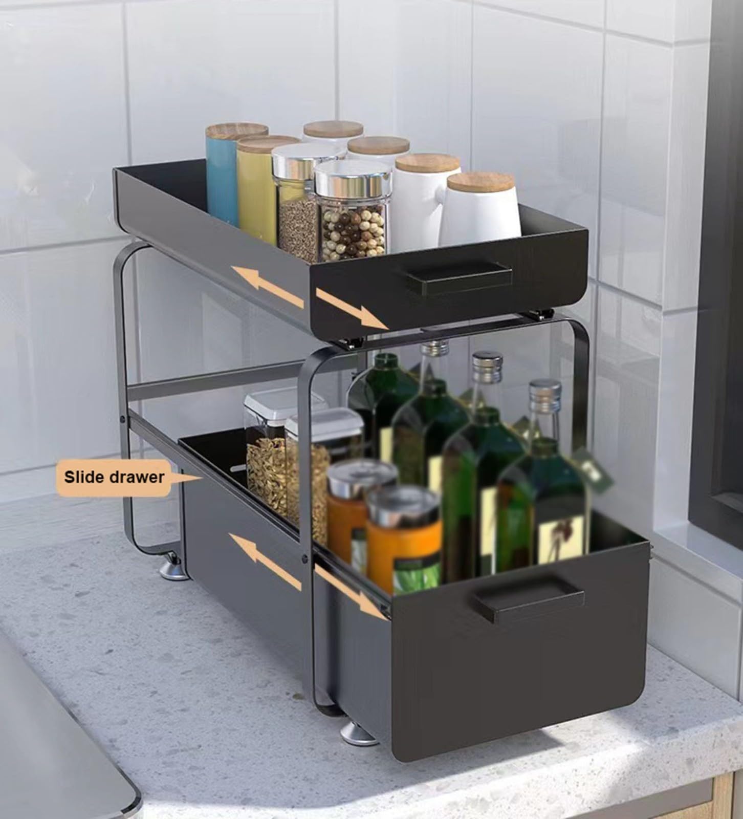 Cesta organizadora deslizante de 2 niveles para almacenamiento de cocina y baño, estante debajo del gabinete, solución de cajón que ahorra espacio, color blanco