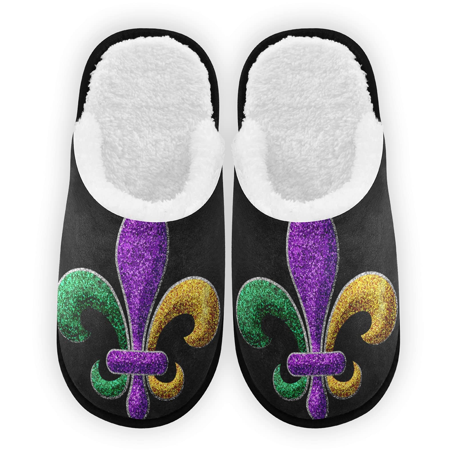 Fleur De Lis Mardi Gras Slippers, Soft Memory Foam Non-Slip Indoor House Slippers Home Shoes for Bedroom Hotel Travel Spa