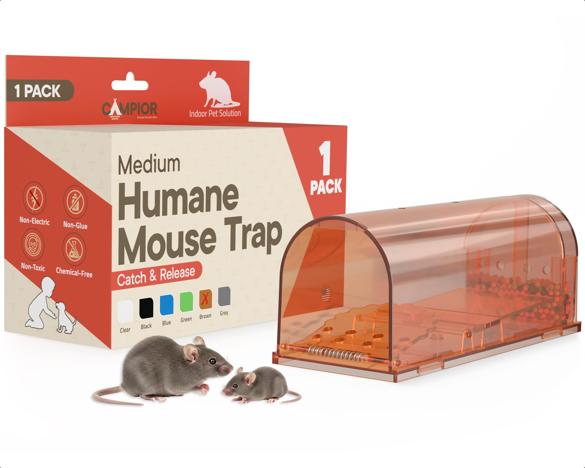 Campior Humane Mouse Trap Pack of 1 Live Mouse Strap Catch and Release for Indoor & Outdoor Pet & Child Safe, 6.7" Reusable Plastic Mouse Cage with Spring Door and Cleaning Brush, Brown-image-11