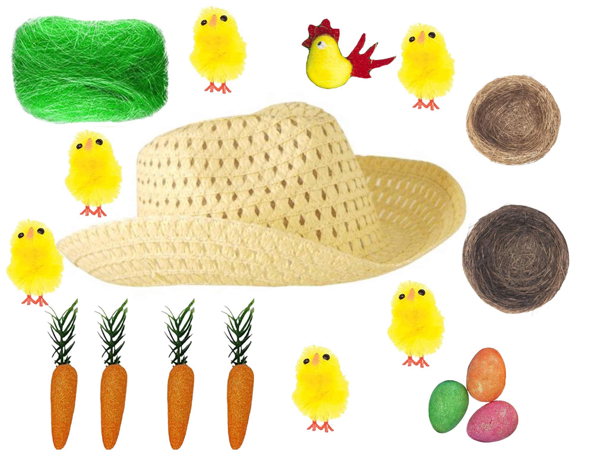 Pison Easter Decorations Easter Bonnet Kit - Make Your Own Craft Bundle Kit with Hat, , Eggs Bunnies Carrots Grass - Easter Bonnet Decorations Kit
