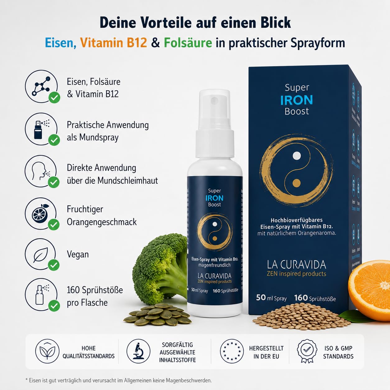 Super Iron Boost - Premium Eisen Mundspray mit Vitamin B12 & Folsäure - Hohe Aufnahme über die Schleimhaut - Orangenaroma - Vegan - 50ml (ca 160 Sprühstösse)