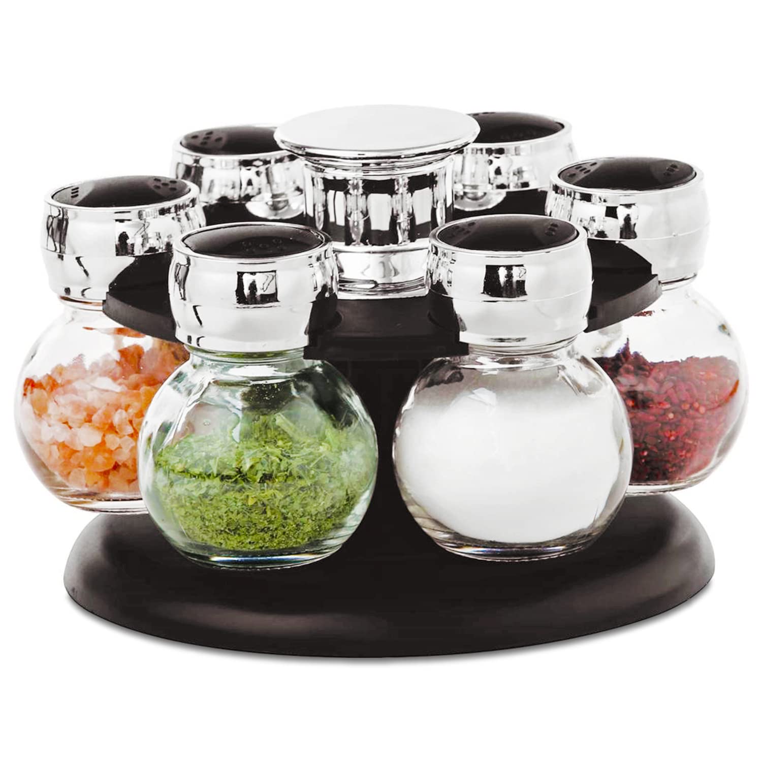 PREMIUM Revolving Spice Rack | Glass Jar Bottles Set of 7 | Spice Jars For Kitchen Organizer And Storage | Premium Gift