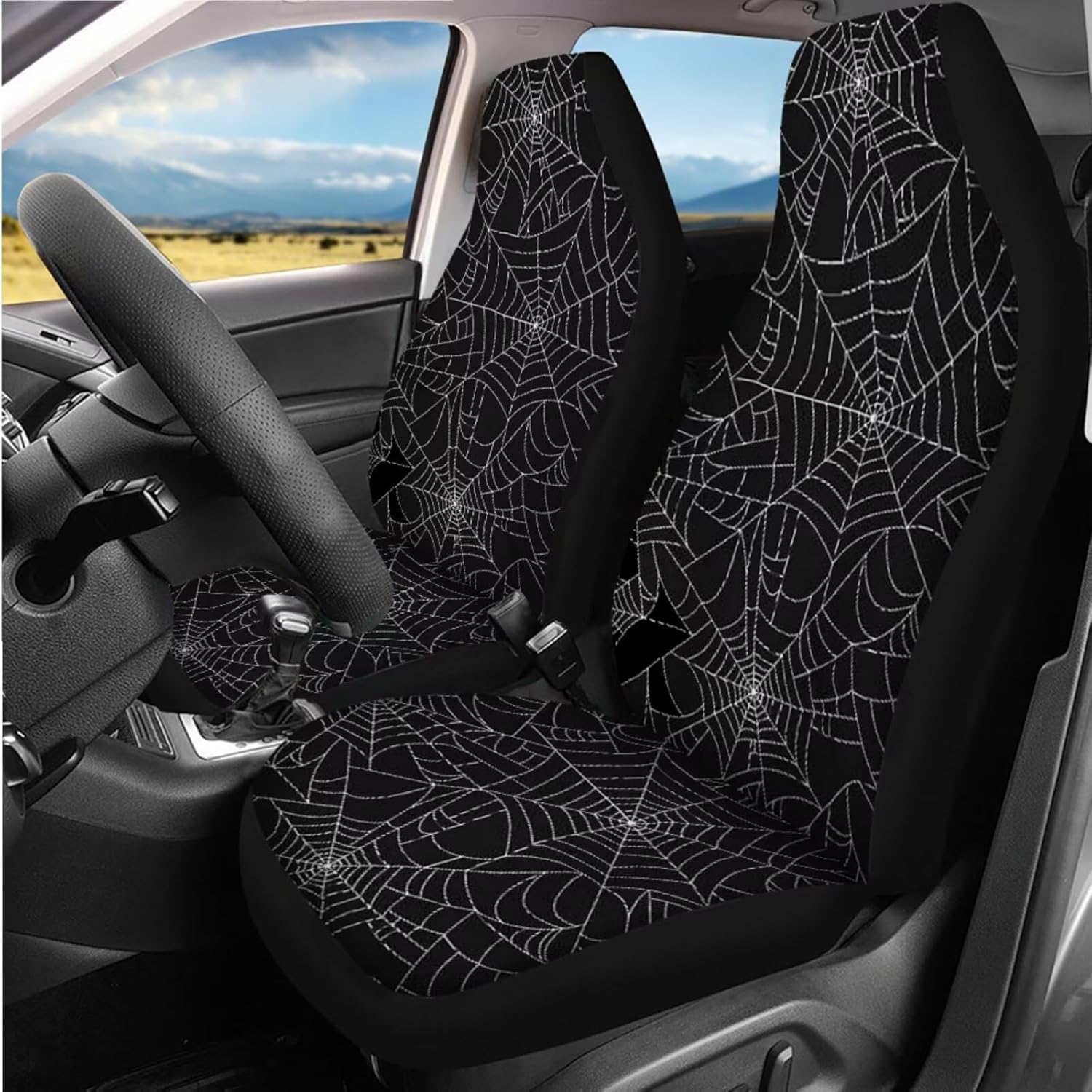 14 Pcs Spider Web Car Seat Covers Full Set Black and White Auto Steering Wheel Cover Armrest Cushion Head Rest Protector Seat Belt Covers with Keychain,Unverisal Fit Cars SUV Turcks