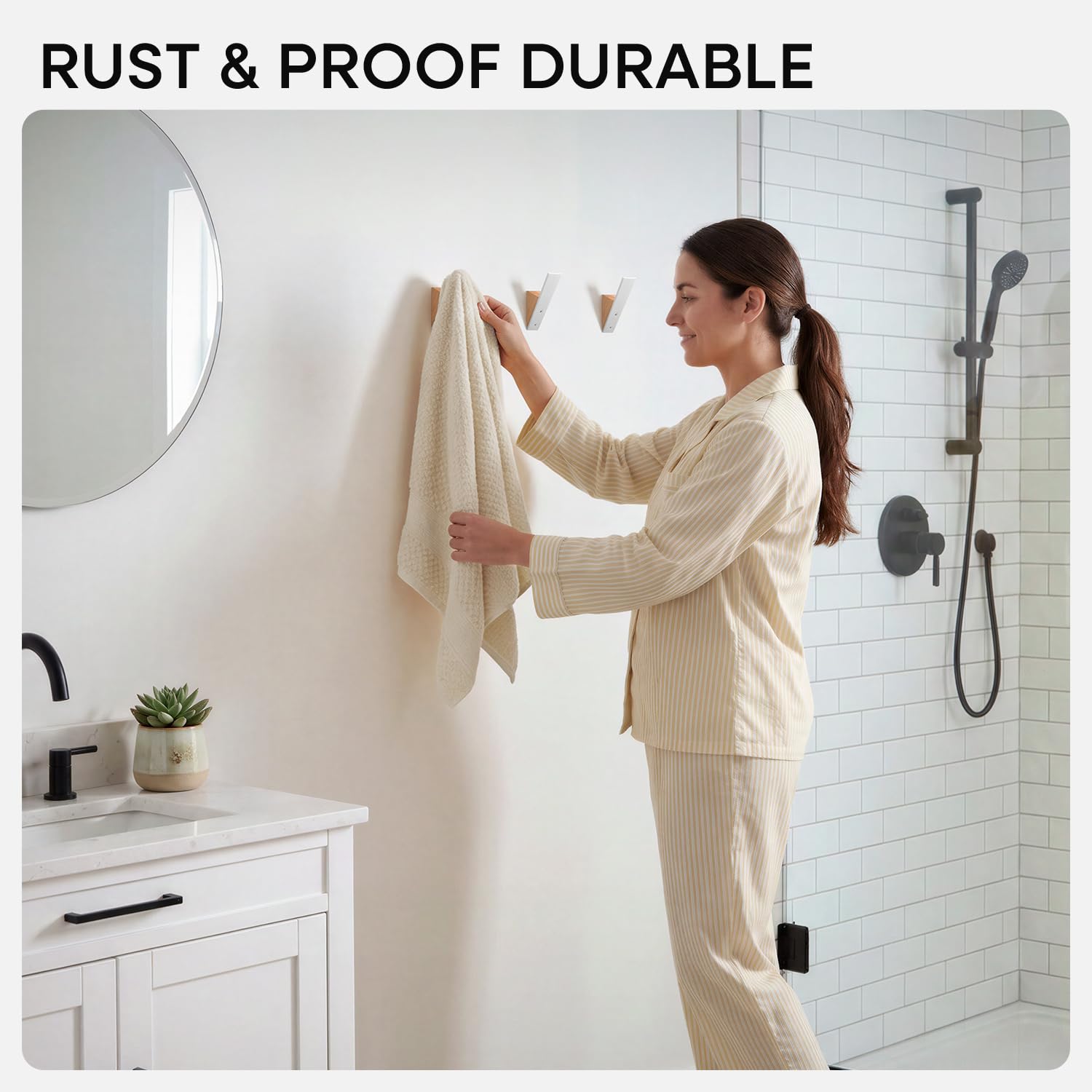 Perchero de pared – Juego de 3 ganchos de madera de haya de metal blanco para colgar abrigos – Ganchos de sombrero para pared – Ganchos decorativos de pared – Perchas para sombreros para pared