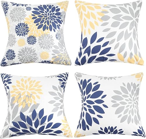 Juego de 4 fundas de almohada decorativas de terciopelo de 18 x 18 pulgadas, color azul y amarillo, fundas de almohada con flores grises para
