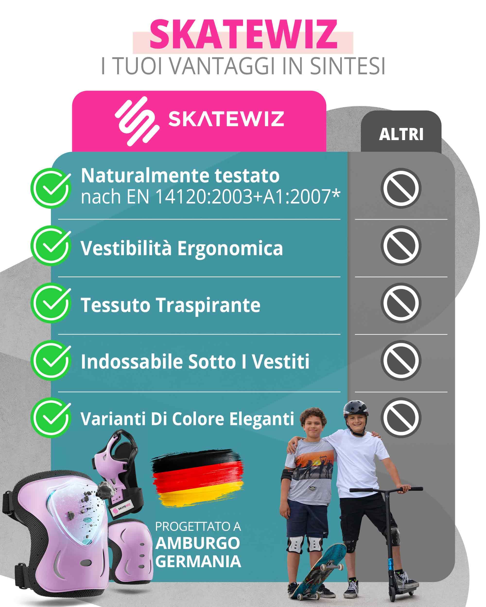 SKATEWIZ Ginocchiere Bambini - Pattini a Rotelle - Protezione Bambina - Protezioni Skateboard Bambino, BMX, Roller, Bicicletta - IMPACT Taglia M Rosa Nero