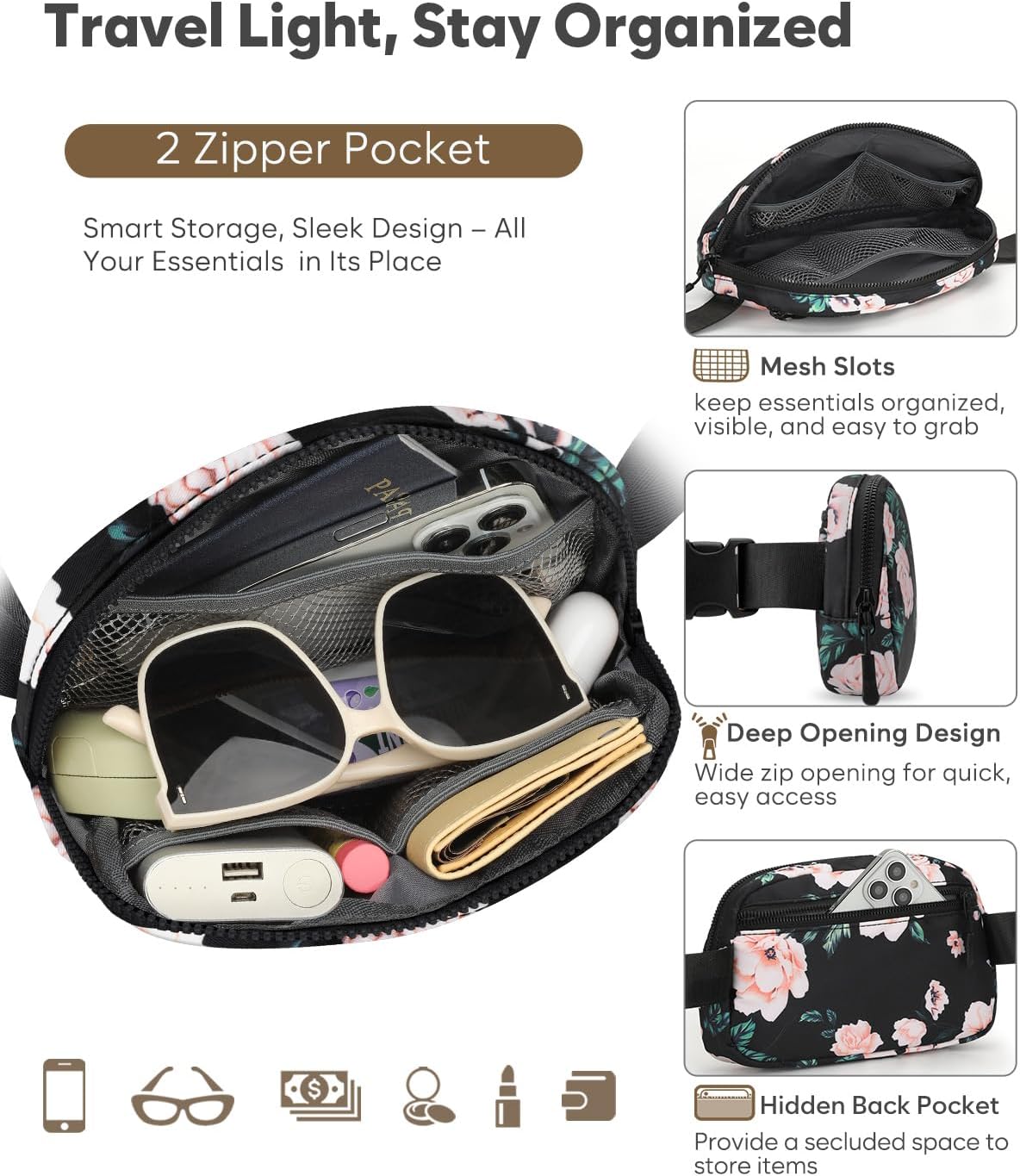 Fanny Packs for Women Cross Body Bag Waterproof Belt Bag with Adjustable Strap and Zipper Back Pocket Small Crossbody Bags Fashion Waist Packs for Workout Travelling(Flower Print) - Image 3