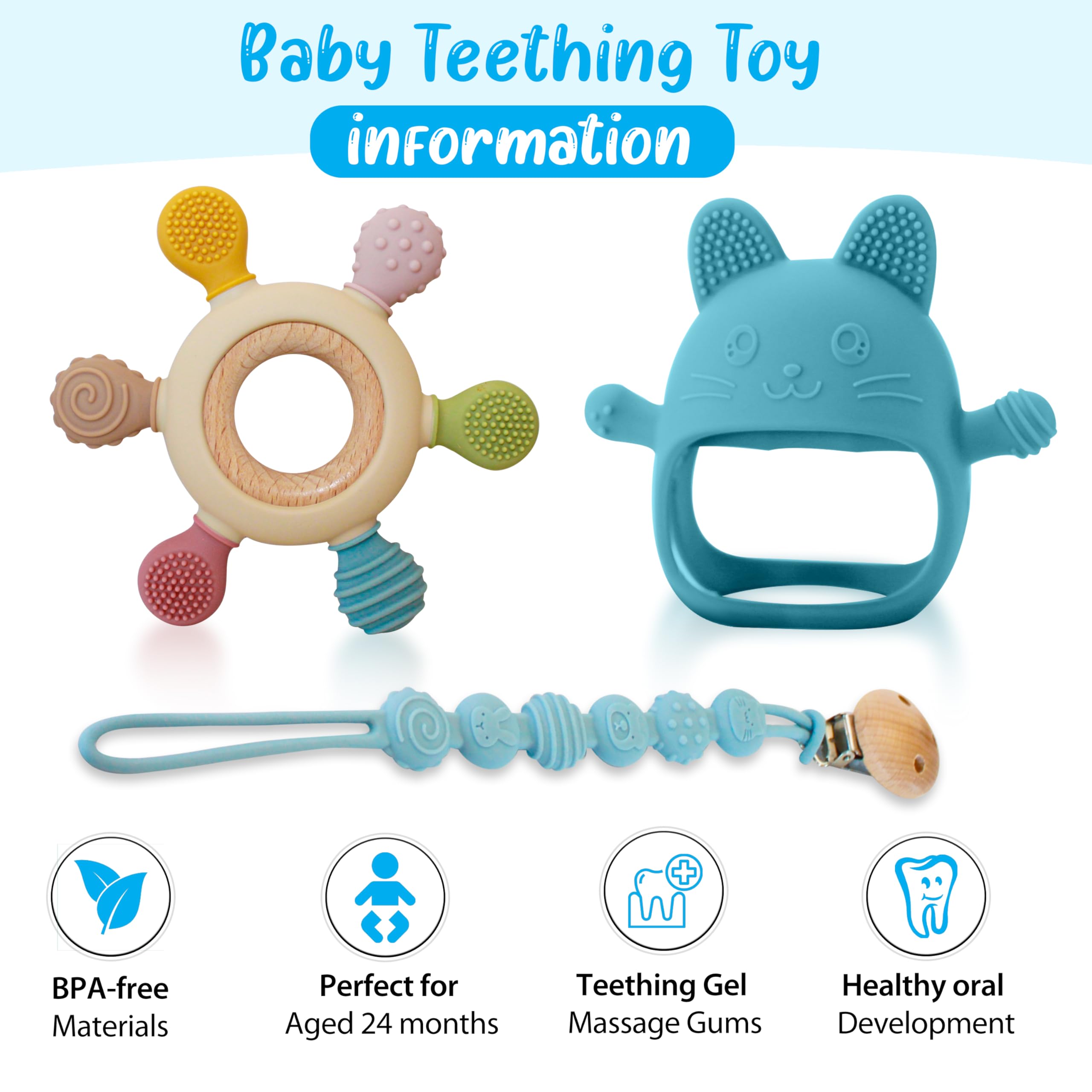 Baby Teething Toys for 0-12 Months Babies, 3 Pack, Silicone Pacifier Clip Holder with Teething Mittens and Silicone Teethers for Babies, Soft Handheld Teether Baby Chew Toys for Infants, (Blue)