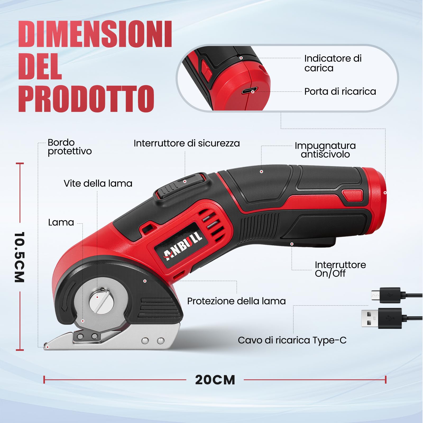 Anbull Forbici Elettriche Senza Fili 4V, Forbici Elettriche per Cartone, Taglierina Elettrica Ricaricabile USB, con 1 lama, Ideale per Tessuti, Pelle e Cartone, Leggere e Sicure per DIY