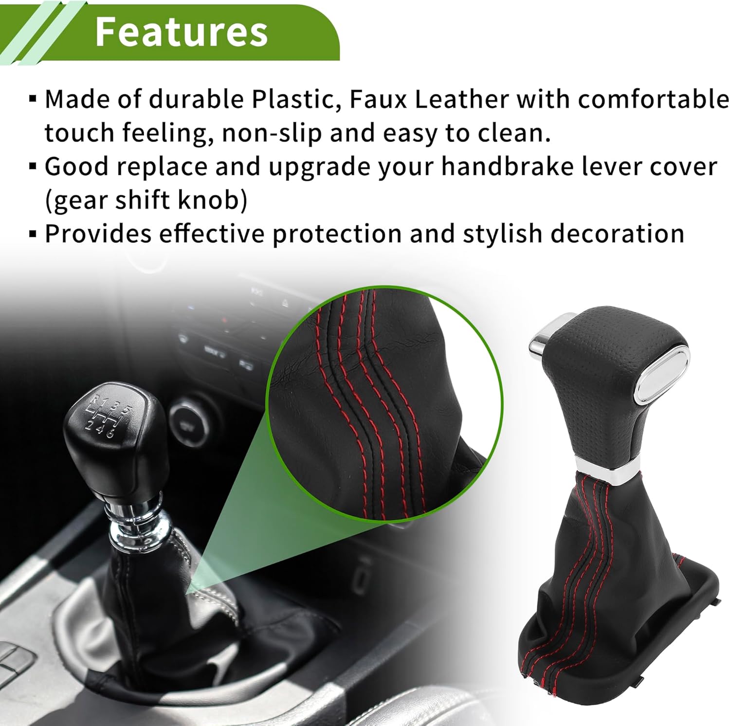Automatic Gear Shifter Knob with Cover for VW Tiguan Touran Bora Passat Plastic Faux Leather Automotive Gearbox Stick Shifter Lever Knob Black Red