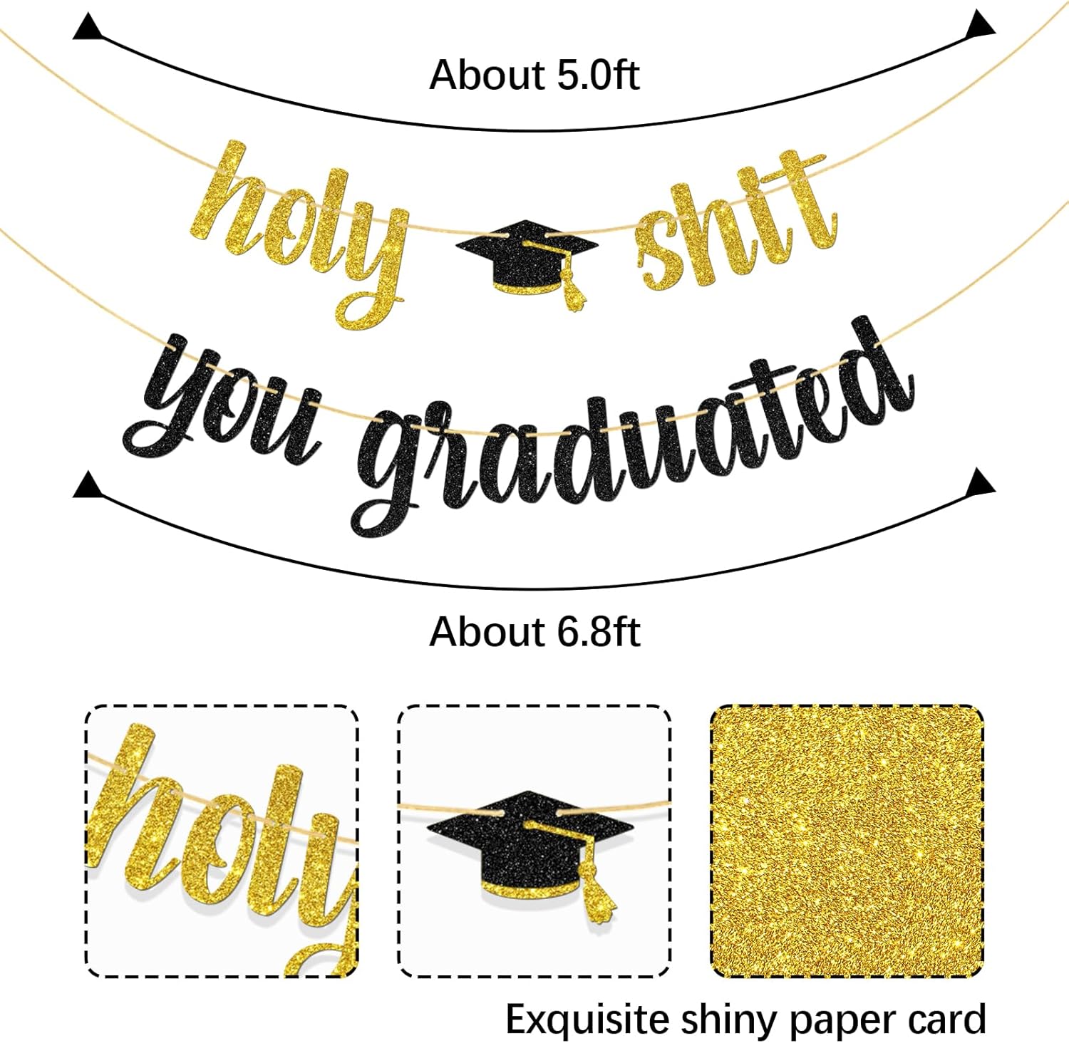 Holy Shit You Graduated Banner/Congrats Grad/You Did It Party Decor/Graduation Activities/Funny Graduation Party Decorations - Gold Black Glitter - Image 2