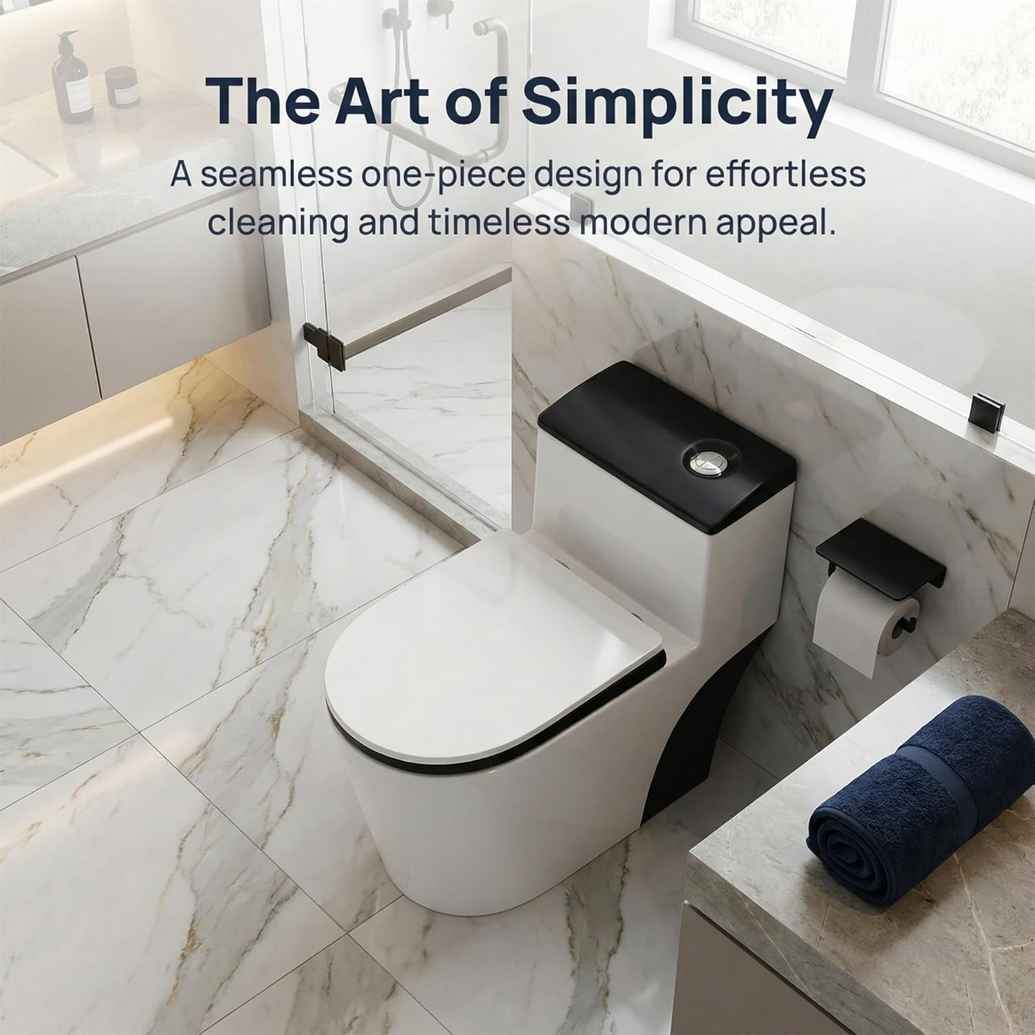 Compact One Piece Toilet, Dual Flush 1.6 Gallons GPF Elongated Standard Toilet for Bathroom, 12" Rough-In, Floor Mounted Comfort Height, White and Black (Seat Included)