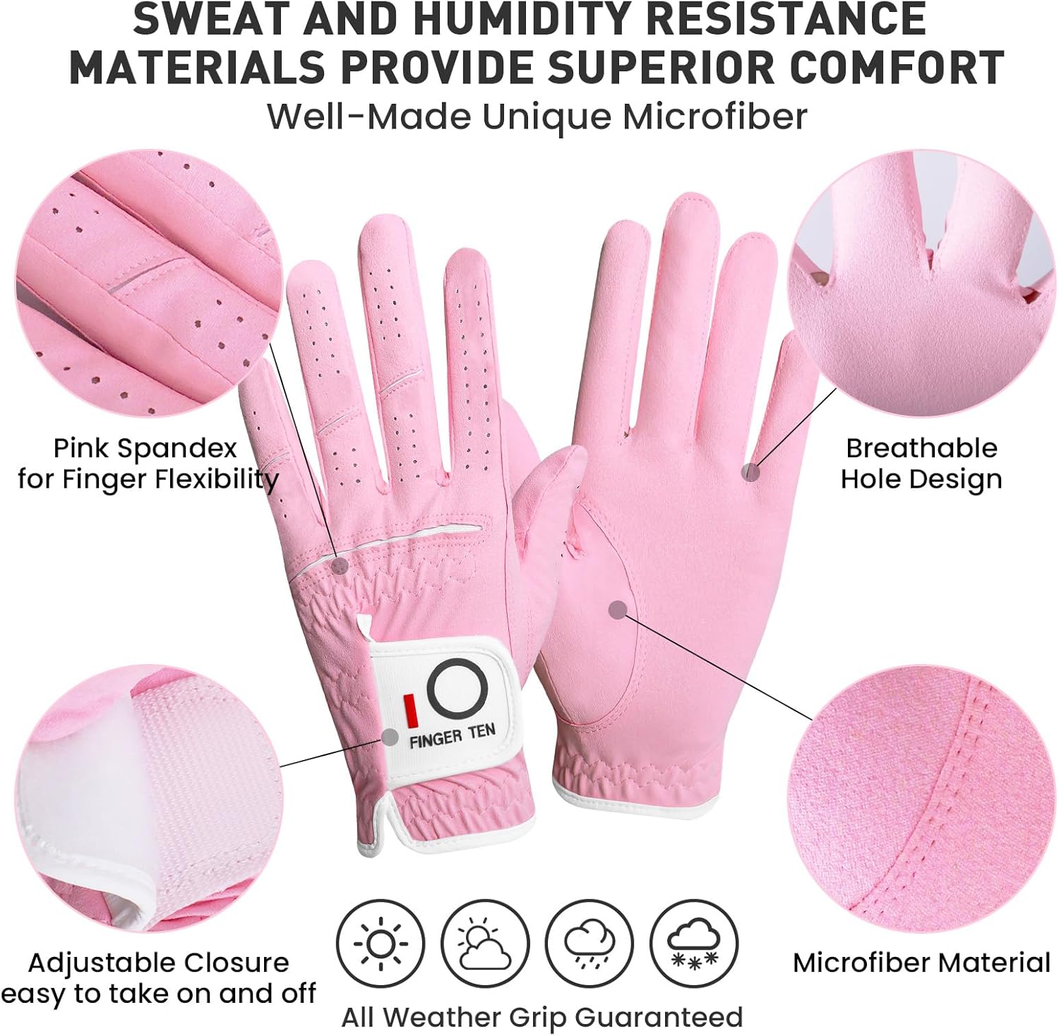 FINGER TEN Golf Gloves Womens Ladies 1 Pack Glove Left Hand for Right Handed Golfer, Wet Hot Cool Rain Grip Weathersof All Weather, Fit Small Medium Large XL - Image 2